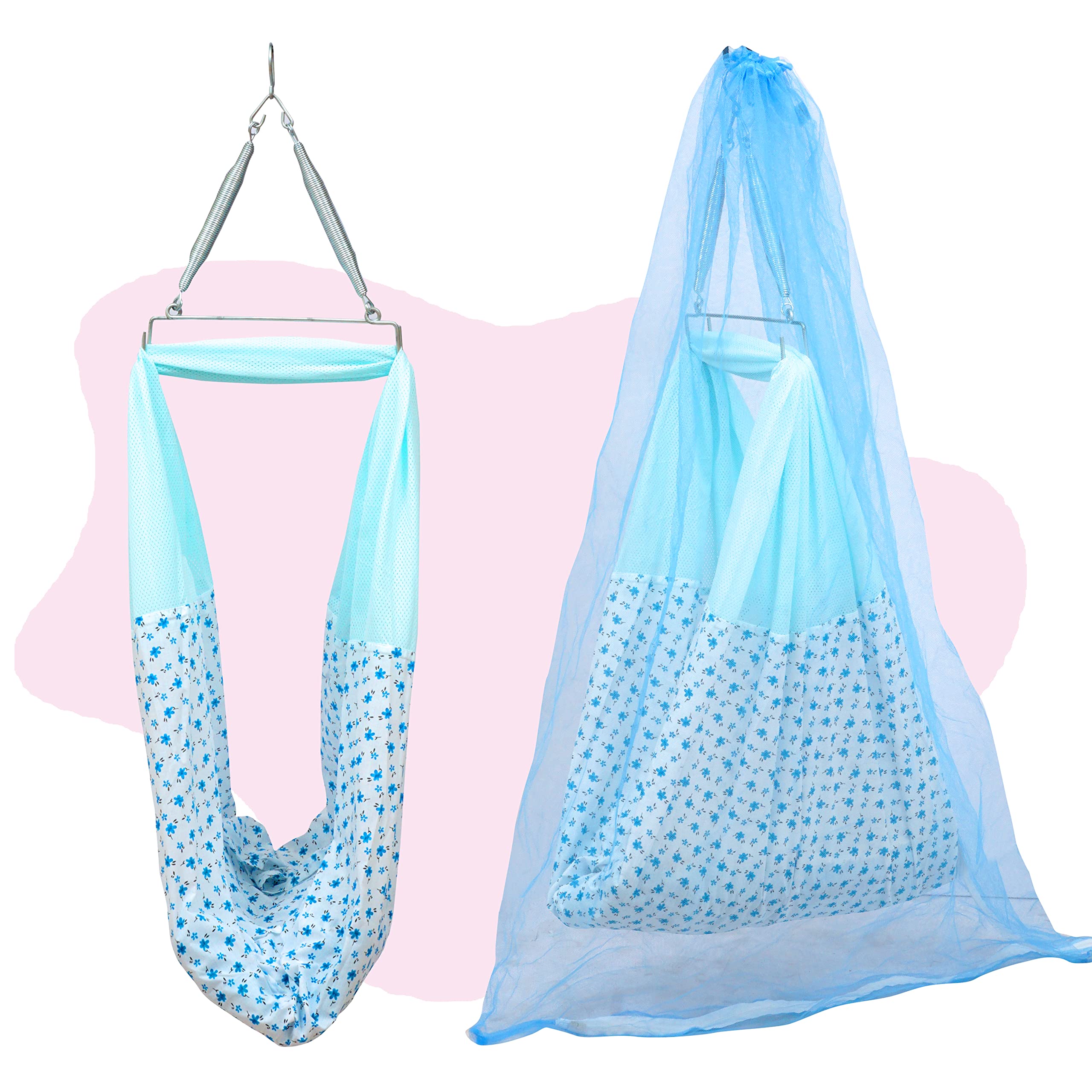 Little Chime New Born Baby Swing Cradle (Jhula) | Cradle Set with Mosquito Net and Triangle Hanger | Weight Capacity Up to 20Kg | Age from 0-24 Months | Evania Ventilated Cradle(Blue) - Cotton