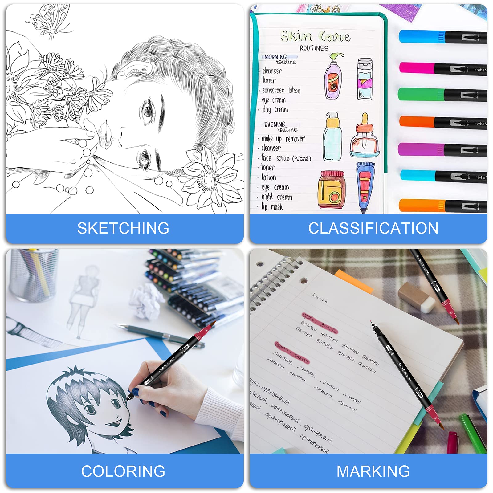 CRESZZLE Set de Feutres Double Pointe 24 Couleurs Pinceaux pour Coloriage Adulte, Lettrage et Calligraphie