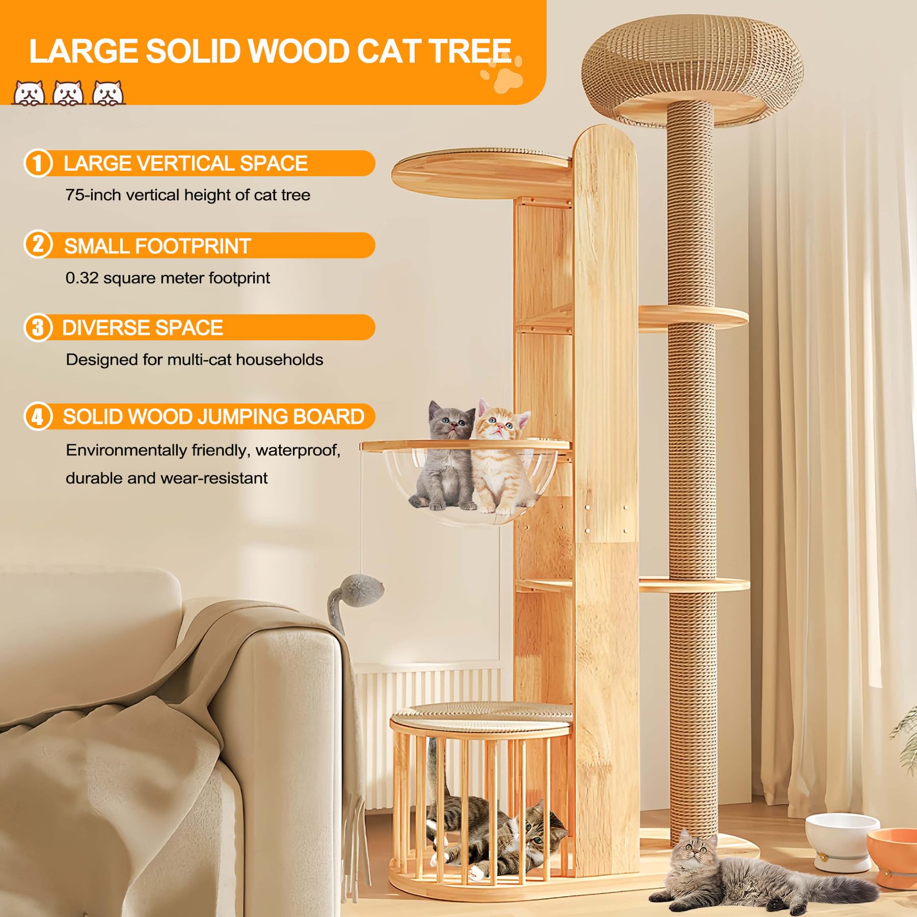 Tiragraffi Per Gatti XXL Alto 190 Cm - In Legno Massello, Con Sisal, Piattaforme E Capsula Trasparente
