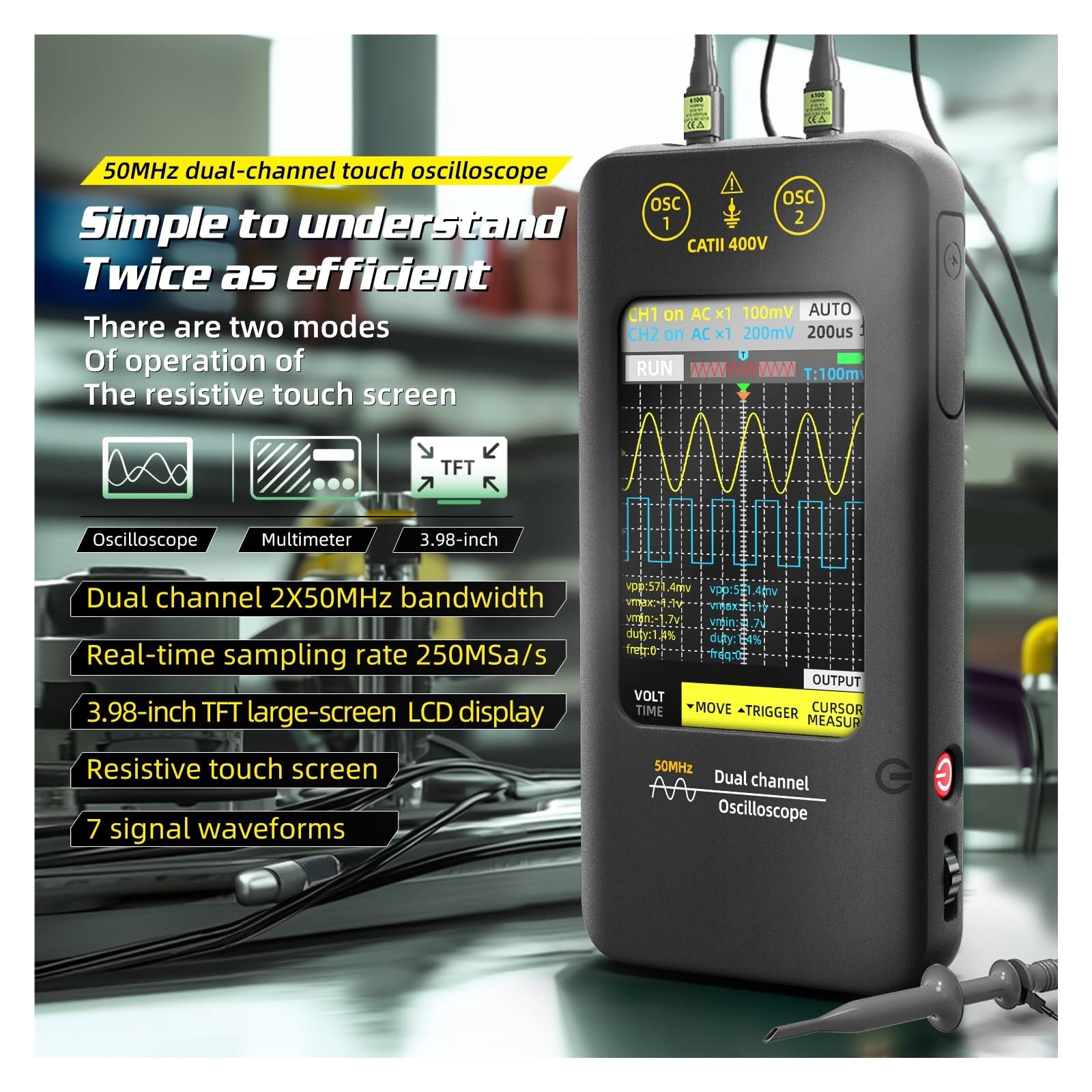 Osciloscopios, Osciloscopio profesional con pantalla táctil de 3,98", generador señal 2 canales 50 MHz