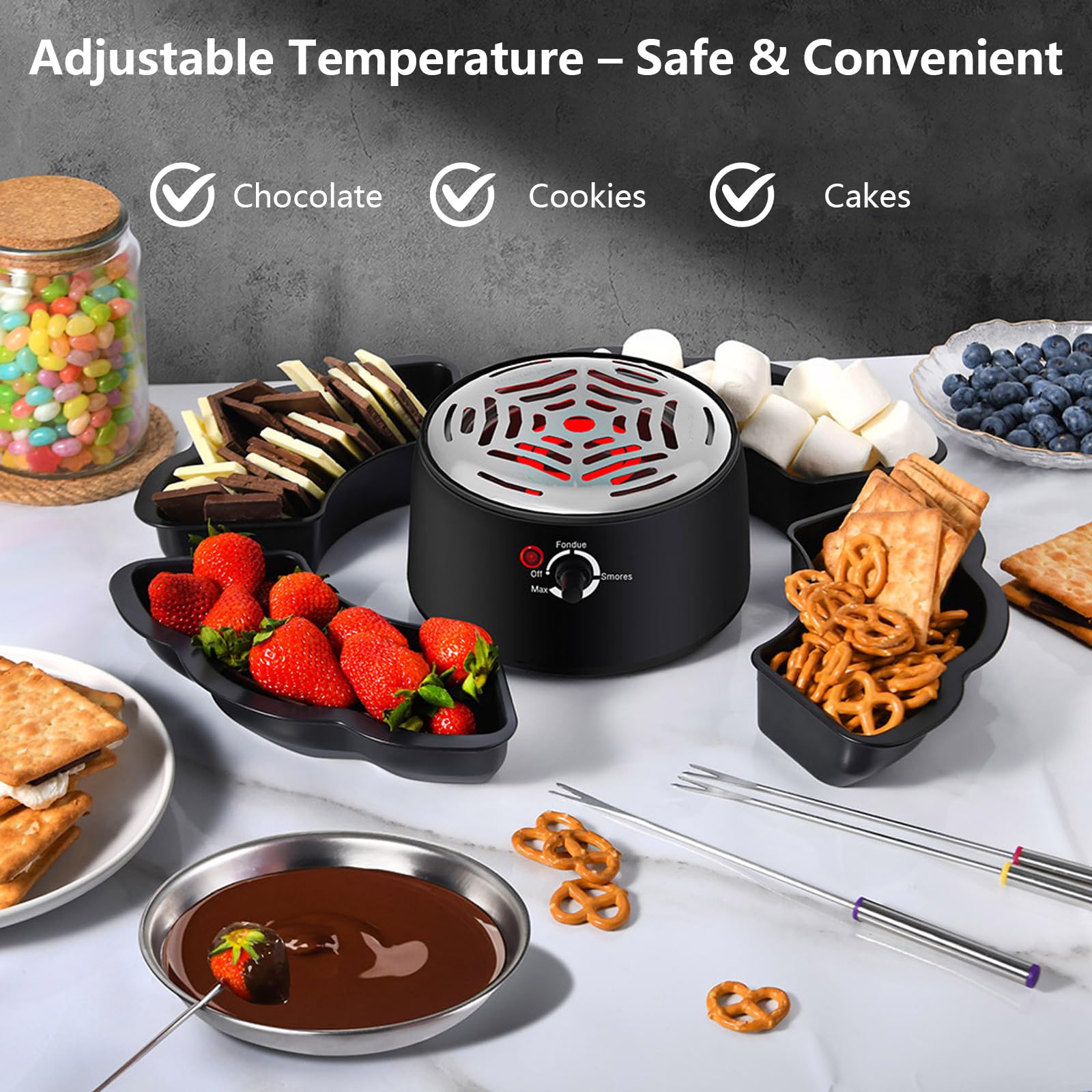 12-teiliges Schokoladenfondue mit Obst- & Kekstablett, 2-in-1 S’Mores- und Schokolade Hot Pot Set, elektrischer Marshmallow-Röster mit Temperaturregelung, perfekt für Partys & Familienfeiern