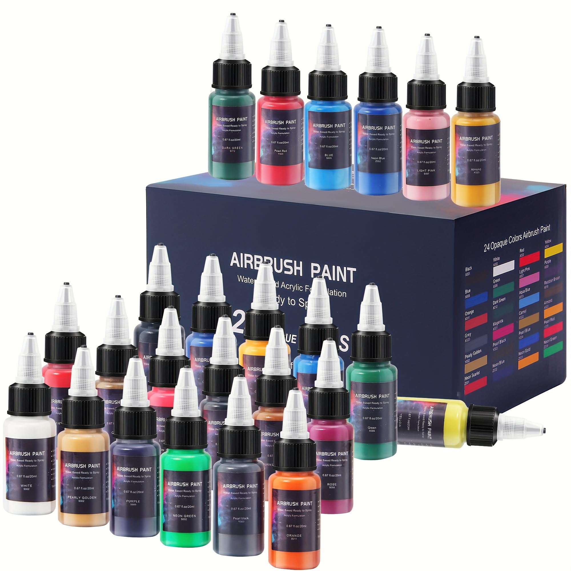 Airbrush Paint 24 Colors, Ready to Spray Airbrush Paint Set, Water-Based Acrylic Air Brush Paints for Metal, Plastic Models, Canvas, Wood