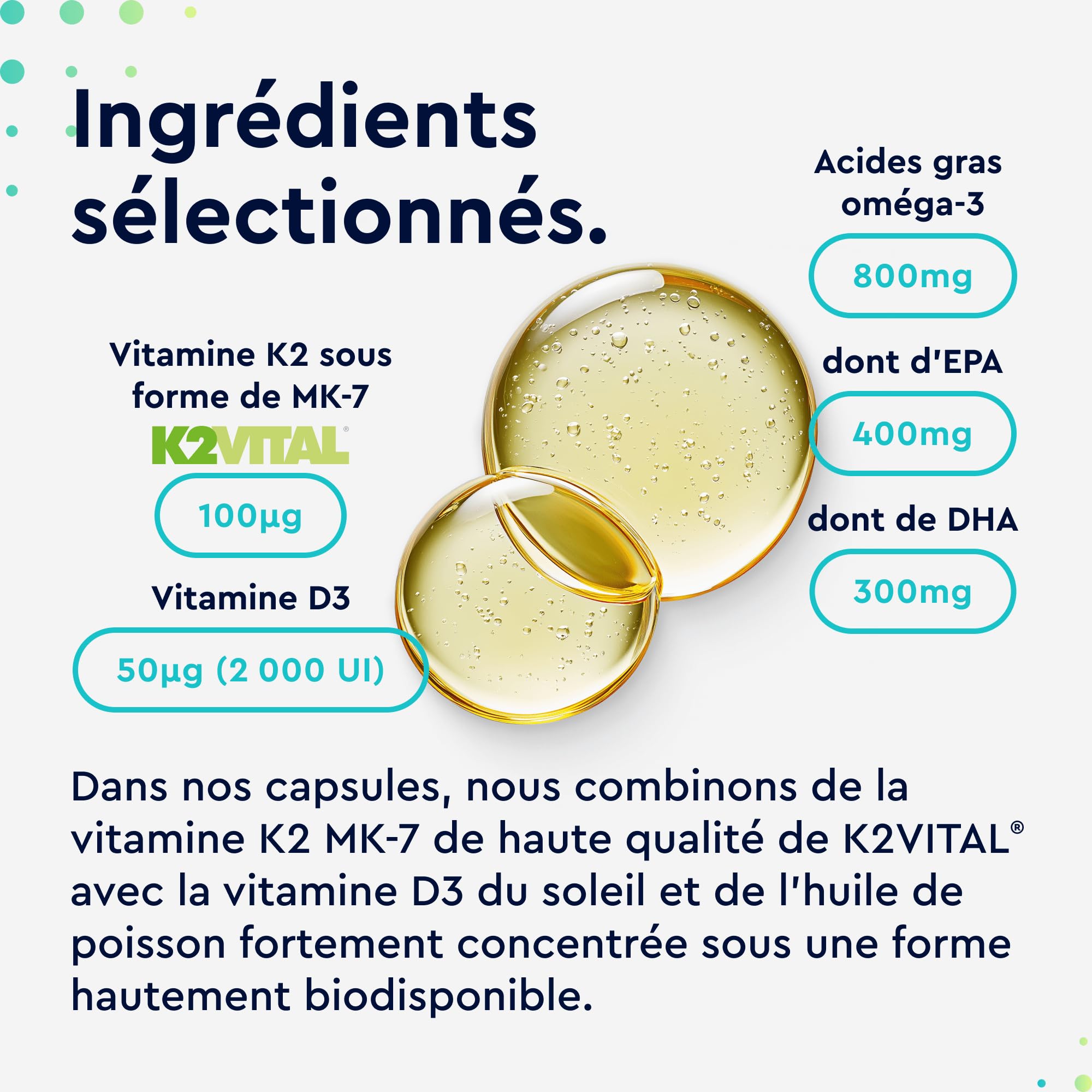 Oméga 3 (1000mg) avec Vitamine D3 (2000 UI) + K2 100 µg, 90 Gélules, Huile de Poisson (400mg d'EPA et 300mg de DHA) Fortement Dosée, Vit D3 Cholécalciférol + Vit K2 MK7, Sans Arômes et Additifs