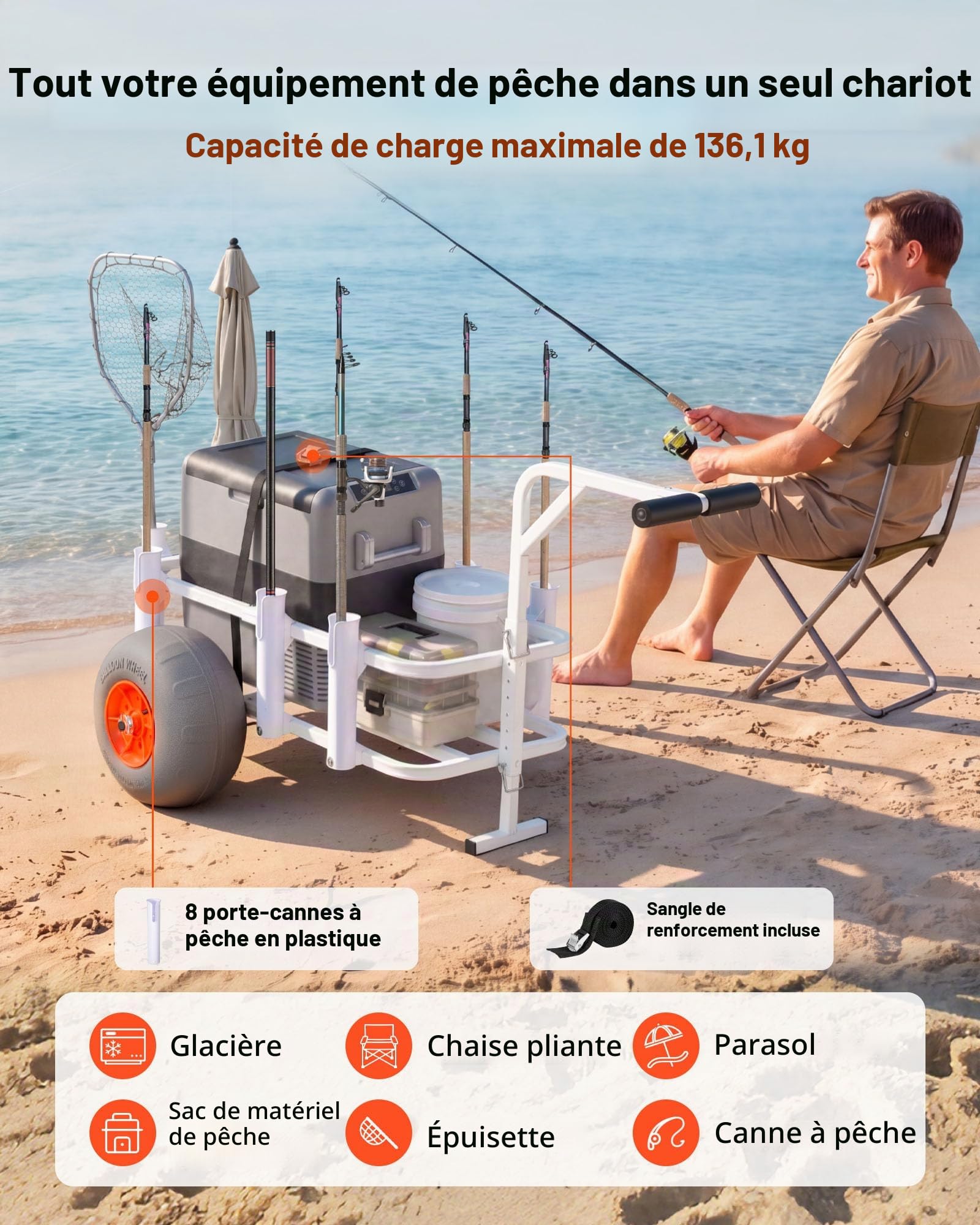 VEVOR Chariot de Pêche, Capacité de Charge 136 kg, Chariot de Transport Matériel de Pêche pour Plage Camping, Pneus Gonflables Tout-Terrain en PU 330 mm, Cadre en Alliage d'Aluminium, 8 Porte-Cannes