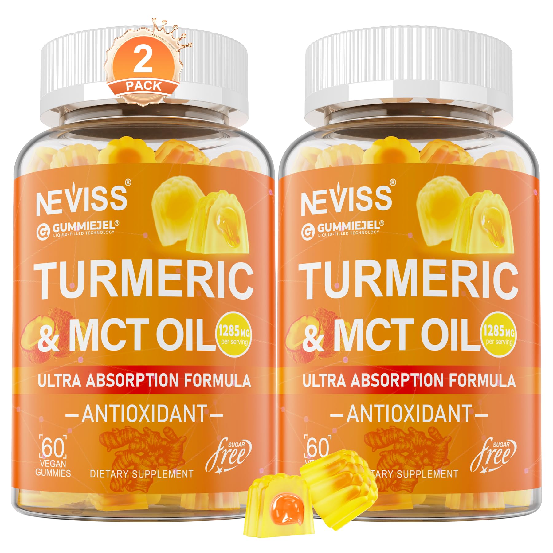 Turmeric Curcumin Gummies + MCT Oil & Black Pepper, Ultra Absorption, 120Ct 60 Count (Pack of 2)