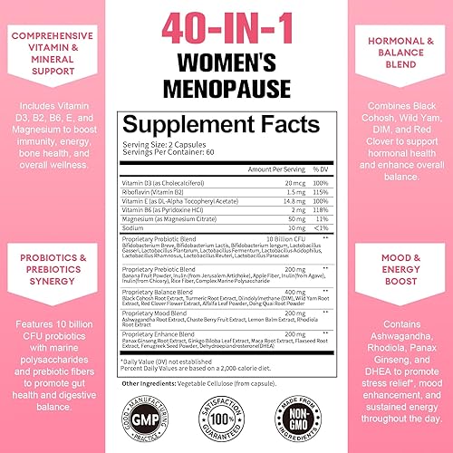 Miniatura 5 de Suplementos de menopausia 40 en 1 para mujeres, multibeneficio y cohosh negro completo para sofocos, sudores nocturnos y equilibrio hormonal, con