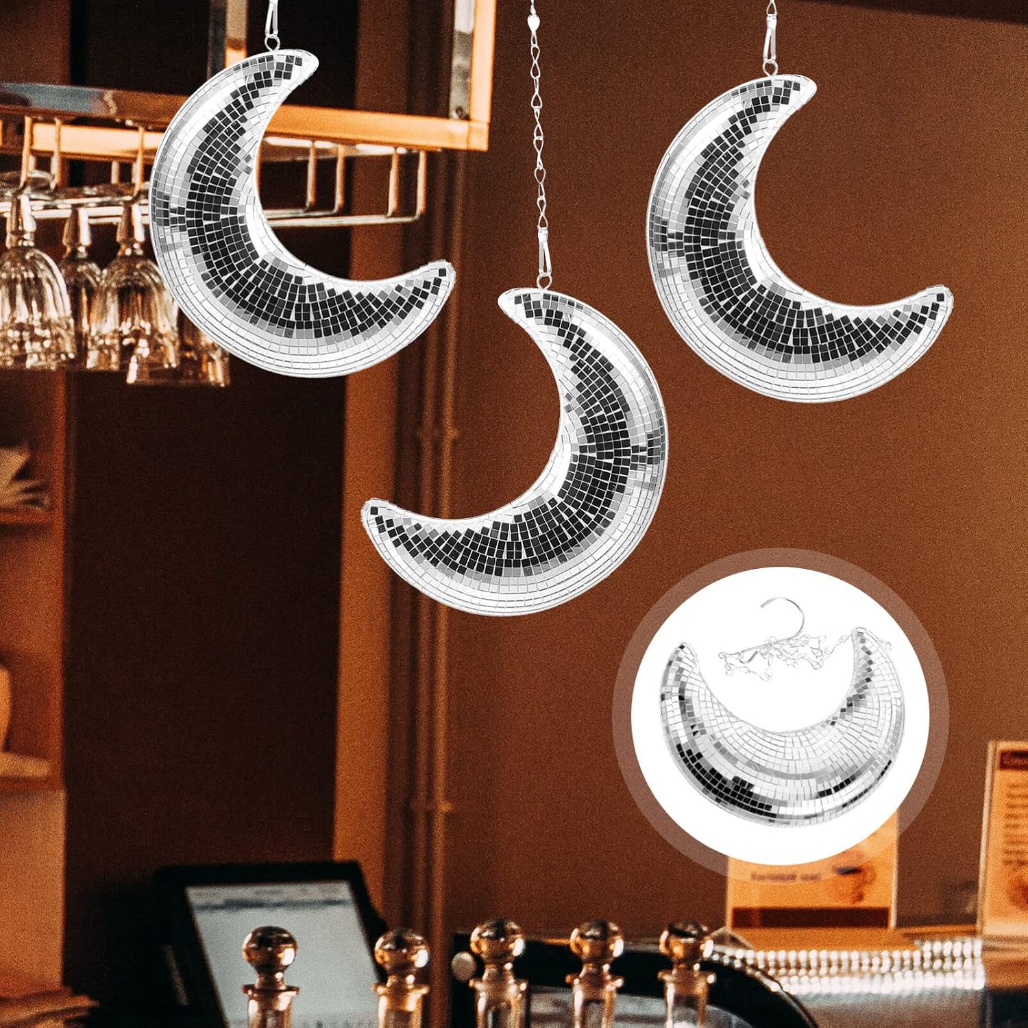 Uonlytech Modern Style Moon Wall Hanging Disco Ball Decor Reflective Pendant Home Decor Wall Art