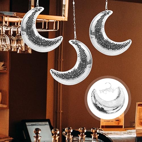 Miniatura 5 de Uonlytech Decoración de pared de luna de estilo moderno, decoración de bola de discoteca, colgante reflectante, decoración del hogar, arte de pared