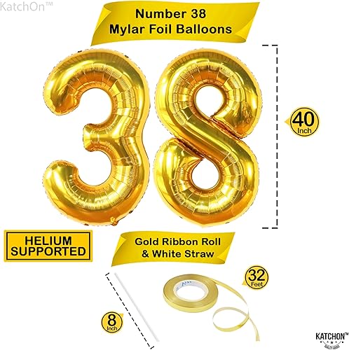 Miniatura 4 de KatchOn, Globos dorados gigantes del número 38, 40 pulgadas, globos dorados del número 38 para decoraciones de cumpleaños de 38 para mujeres y