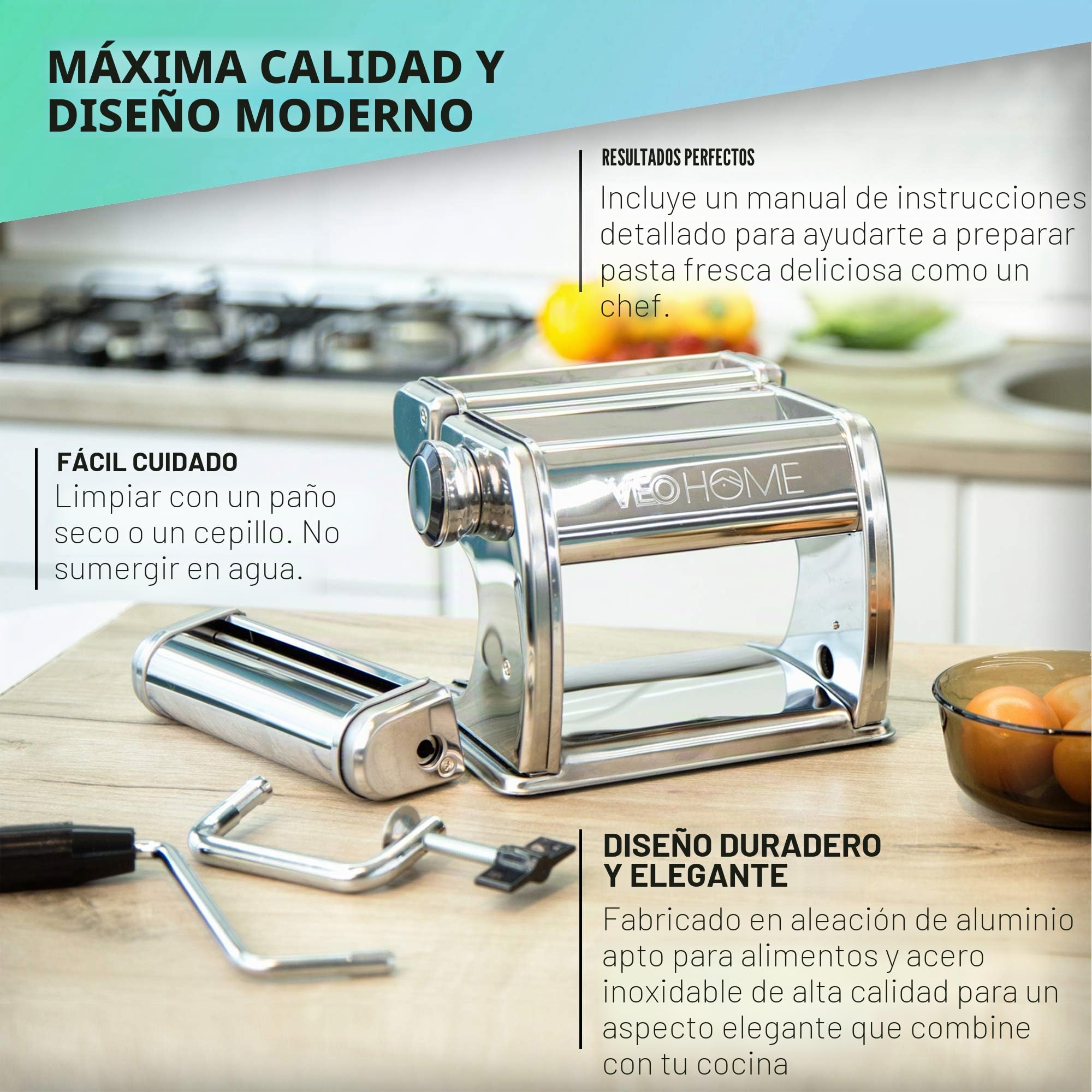 VeoHome Máquina manual de pasta con secador, acero inoxidable, herramienta versátil con grosor ajustable, laminador y manivela - fideos frescos caseros, espagueti, lasaña