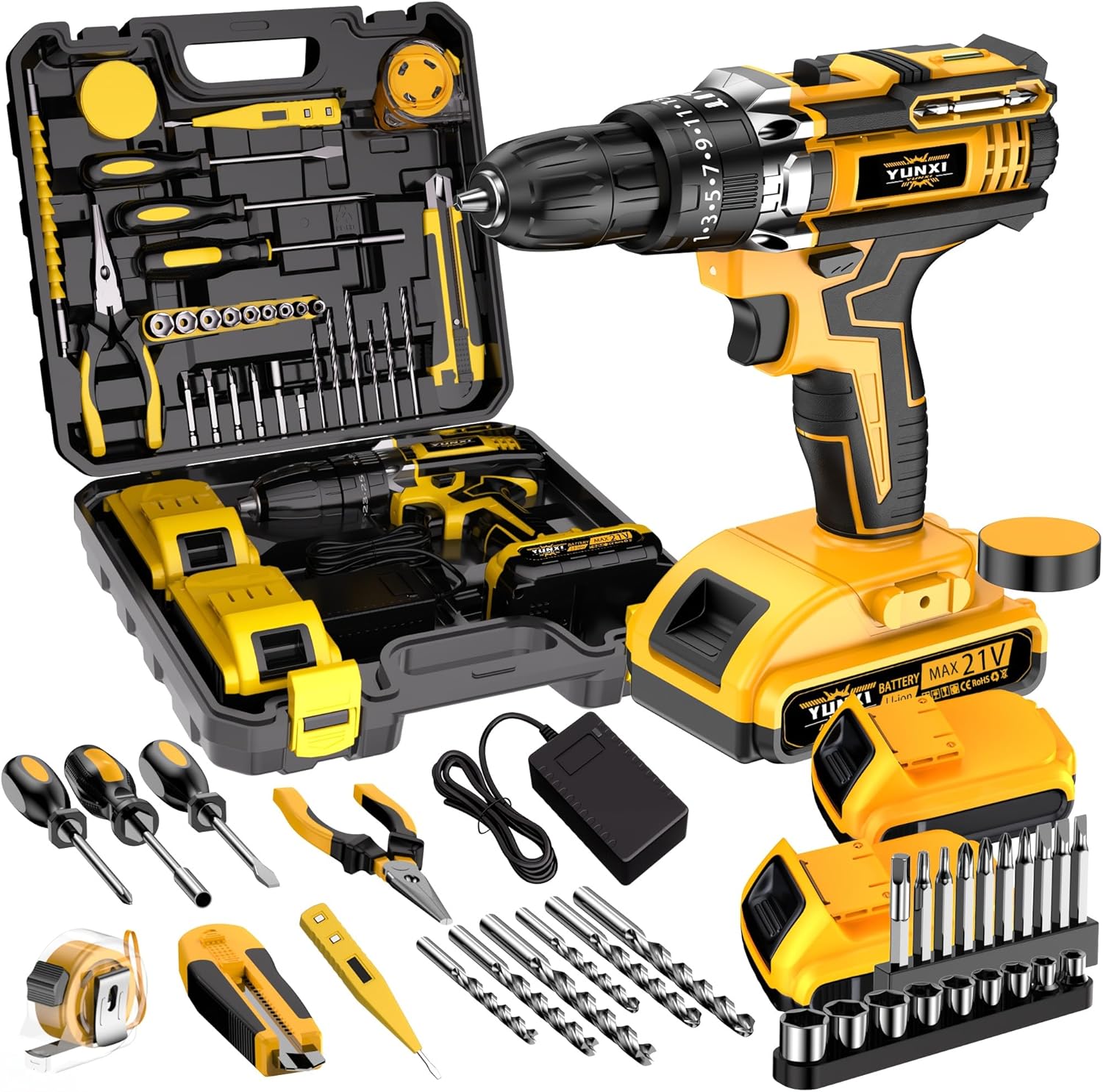 cordless drill set, impact screwdriver, with work light, adjustable speed,quick charger, complete of tools and storage box (Top of the line electric drill set)