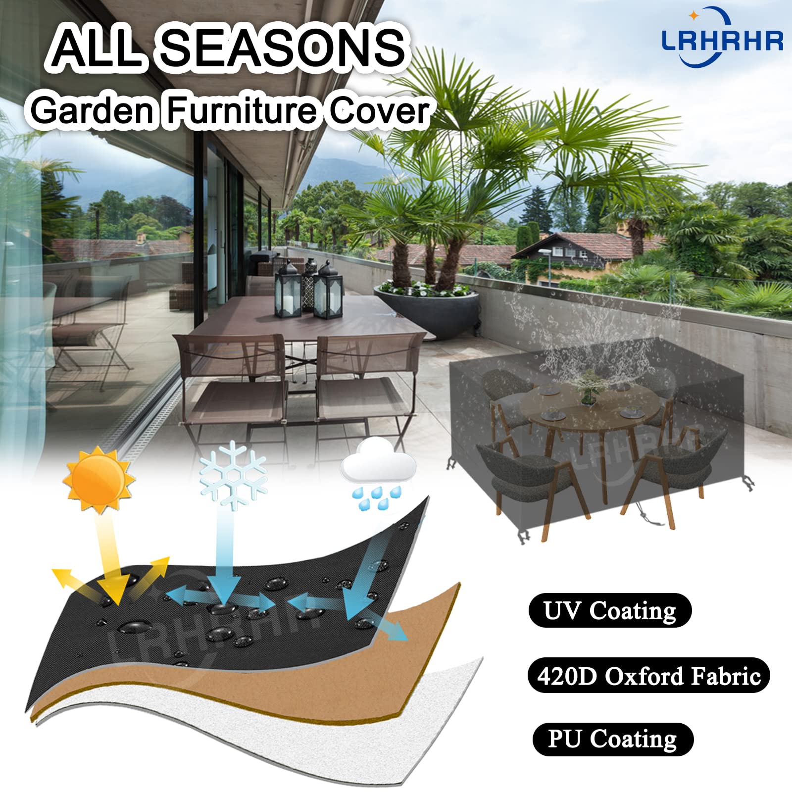 Abdeckung Gartenmöbel Rechteckig Abdeckhaube Gartentisch 420D Oxford Gewebe Wasserdichtes Winddicht Schutzhülle für Gartentisch Möbelsets-Silver|| 290x260x140cm/LxWxH