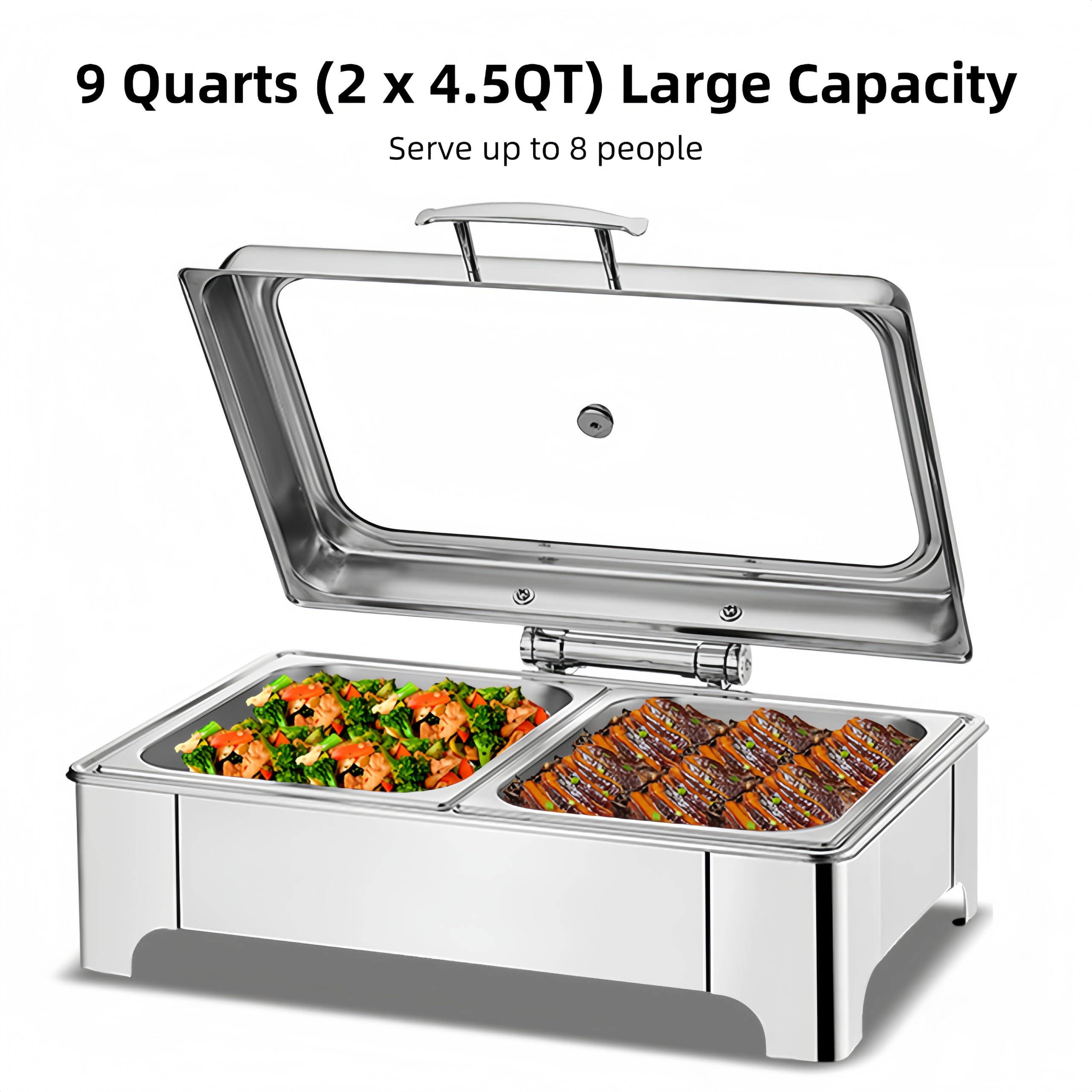 400W Electric Chafing Dish, 2 x 4.5QT Half Size Electric Chafing Dish Buffet Set, Buffet Catering Food Servers and Warmers with Adjustable Temperature Roll Top Glass Lid Food Tong