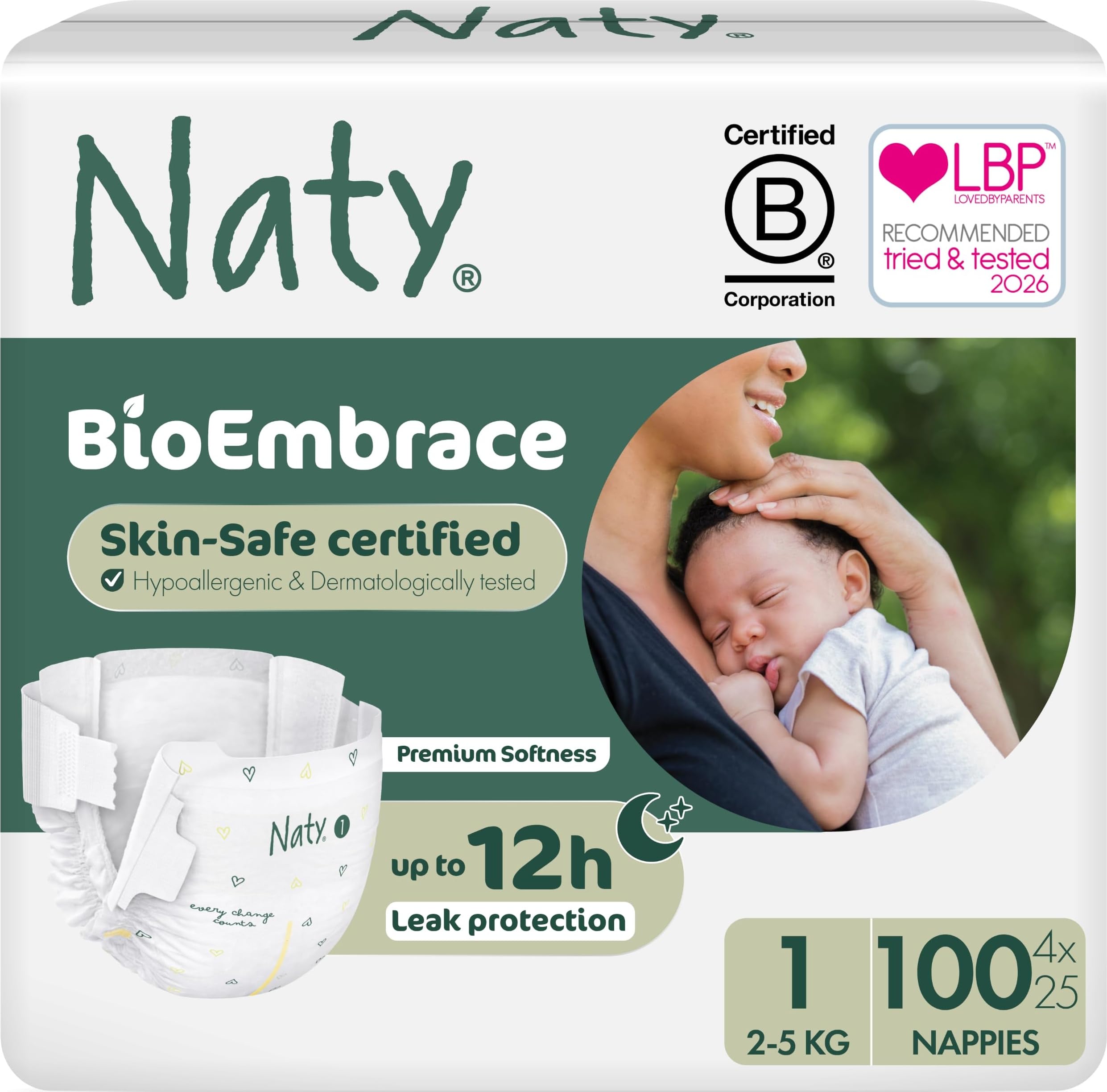 Naty BioEmbrace Newborn Nappies, Sensitive Skin, Size 1 (2–5kg), 100 Count