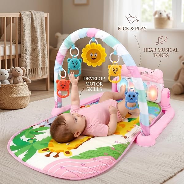 Tapis de jeu de gymnastique pour bébé, centre d'activités pour bébé avec piano à pied et jouets détachables, tapis jeu pour nourrissons 0 à 36 mois avec motifs d'animaux - 4