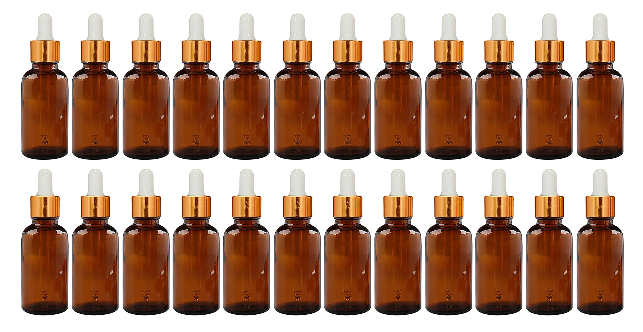 nsb herbals 30 ML Amber Round Empty Glass Bottle + Glass Dropper + Gold Ring + White Silicone Teat, Refillable, Reusable, Leak Proof for Essential Oils, Blends, DIY Perfumes (Pack of 24)