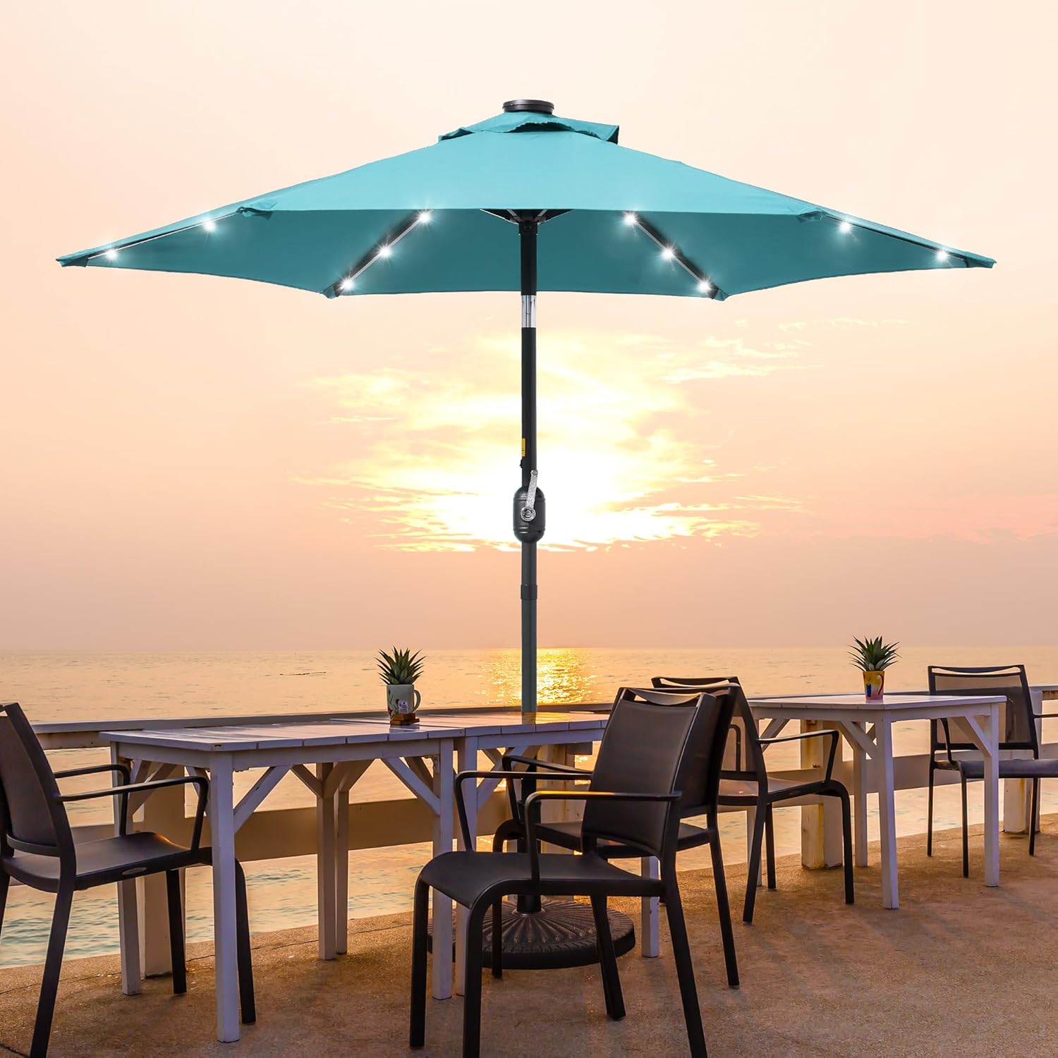 7.5ft Solar Patio Umbrella, Steel umbrella outdoor patio with Tilt and Crank, Waterproof Sunshade Canopy, 6 Ribs Outdoor Umbrella for Garden Deck Backyard Pool,Lake Blue