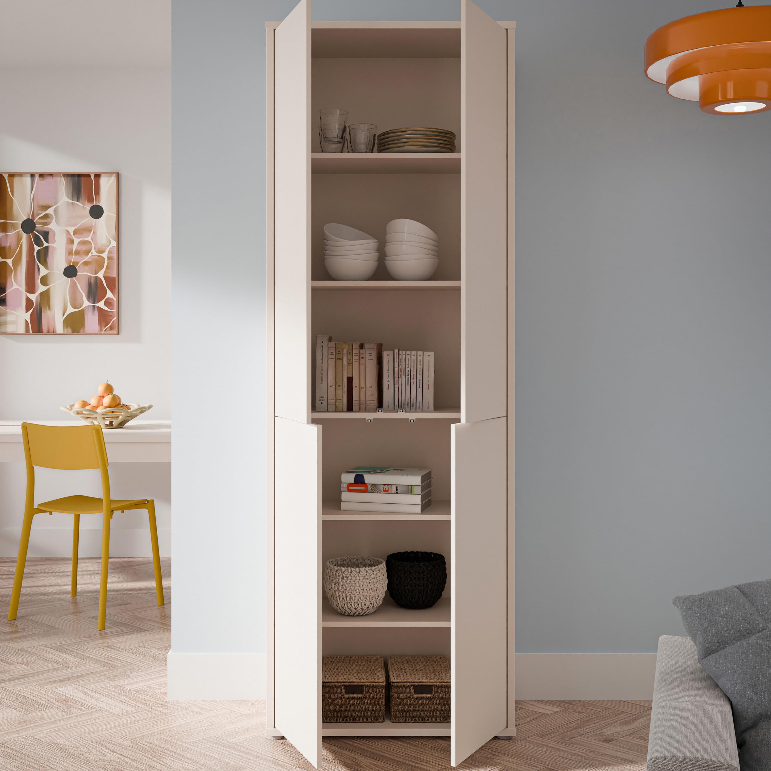 Forte Alice Springs Hochschrank 50, modern-minimalistisch, 4-türig, Wohn-/Esszimmer, Holzwerkstoff, Kaschmir Beige, 74,5 cm breit x 214,3 cm hoch x 34,9 cm tief