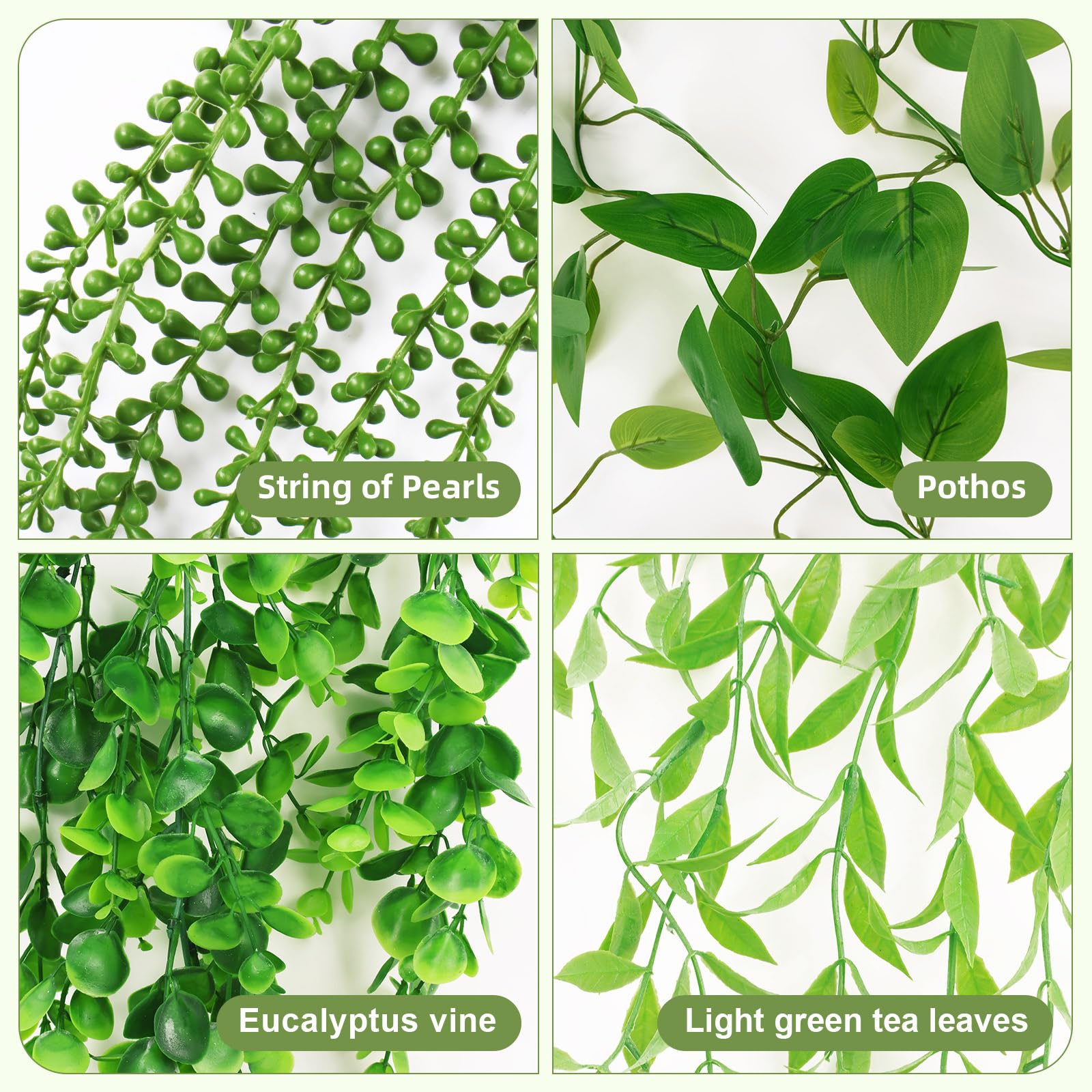 BELICOO Piante Artificiali Da Appendere: Confezione Da 4 Vasi Con Foglie Di Tè, Pothos, Eucalipto E Filo Di Perle. Per Interni Ed Esterni, Senza Manutenzione