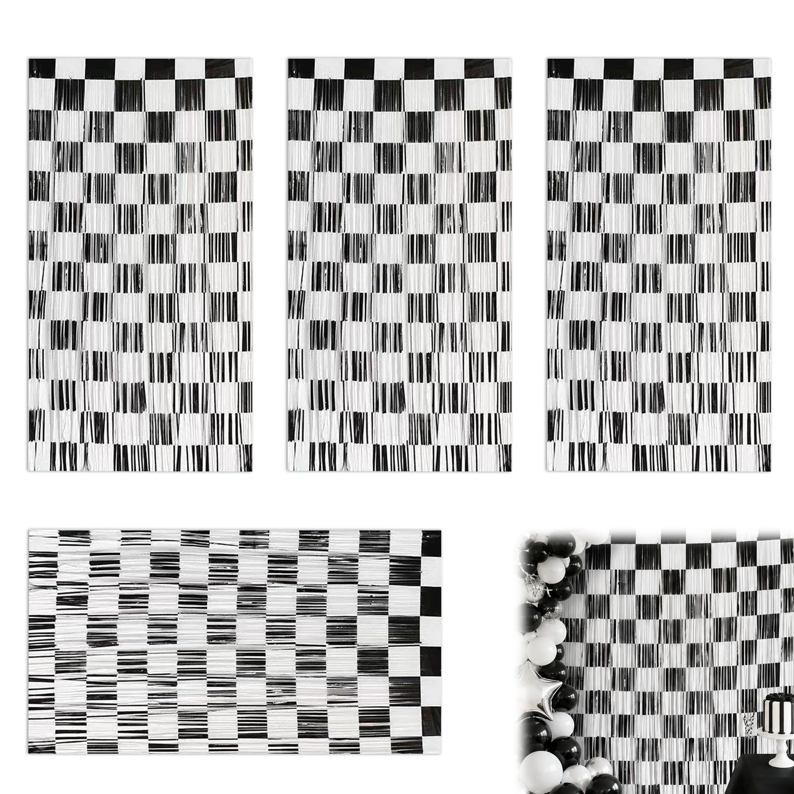 Yupaluz 4Pcs Race Car Curtains,Black White Checkered Curtains,Rain Curtain Decoration,For Birthday Party & Baby Shower Racing Theme Decor(1x2 M)