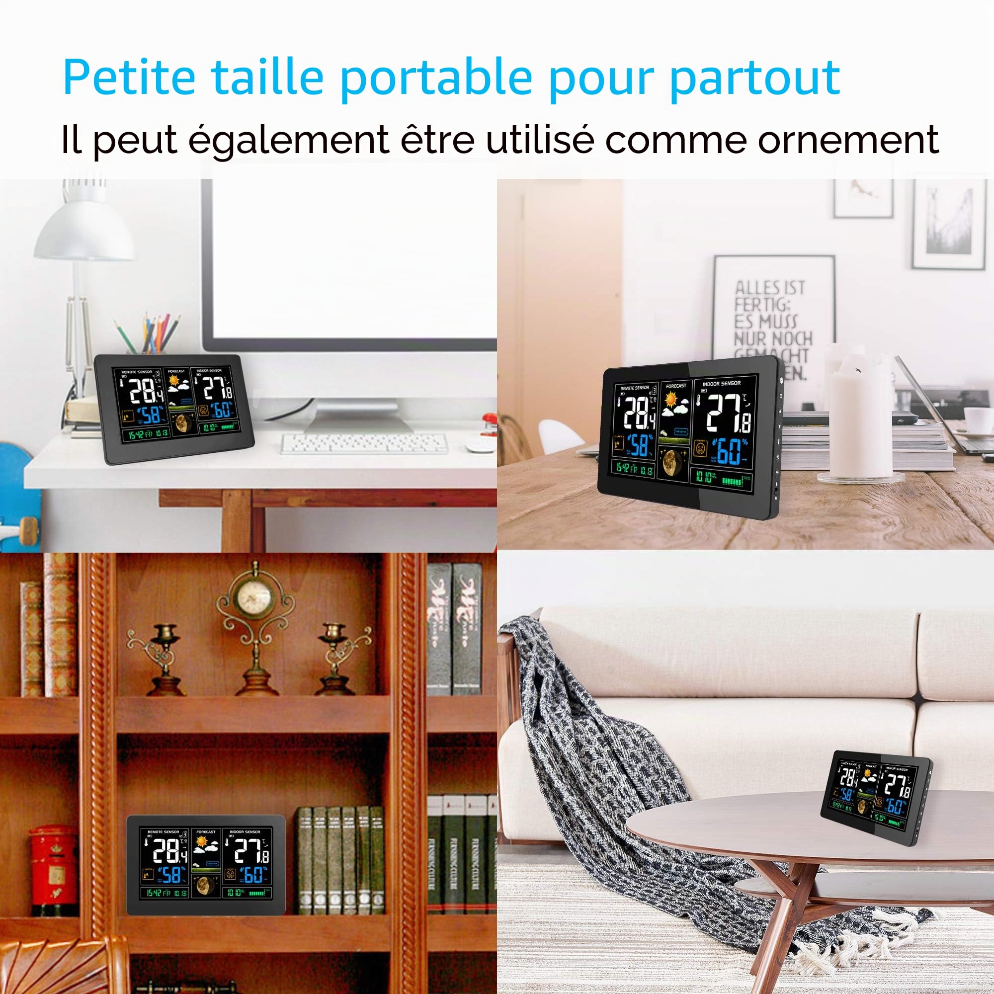 DCF Station Météo avec Intérieure Extérieure Capteur sans Fil, Thermomètre Hygromètre Baromètre Phase de la Lune 9-in-1 Numériques Écran LCD Coloré avec Réveil Snooze Météo Prévisions