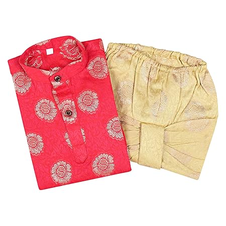 Superminis Baby Boys Fancy Ethnic Wear Cotton Golden Thread Work Kurta with Cream Color Elastic Dhoti (Red, 3-6 Months)
