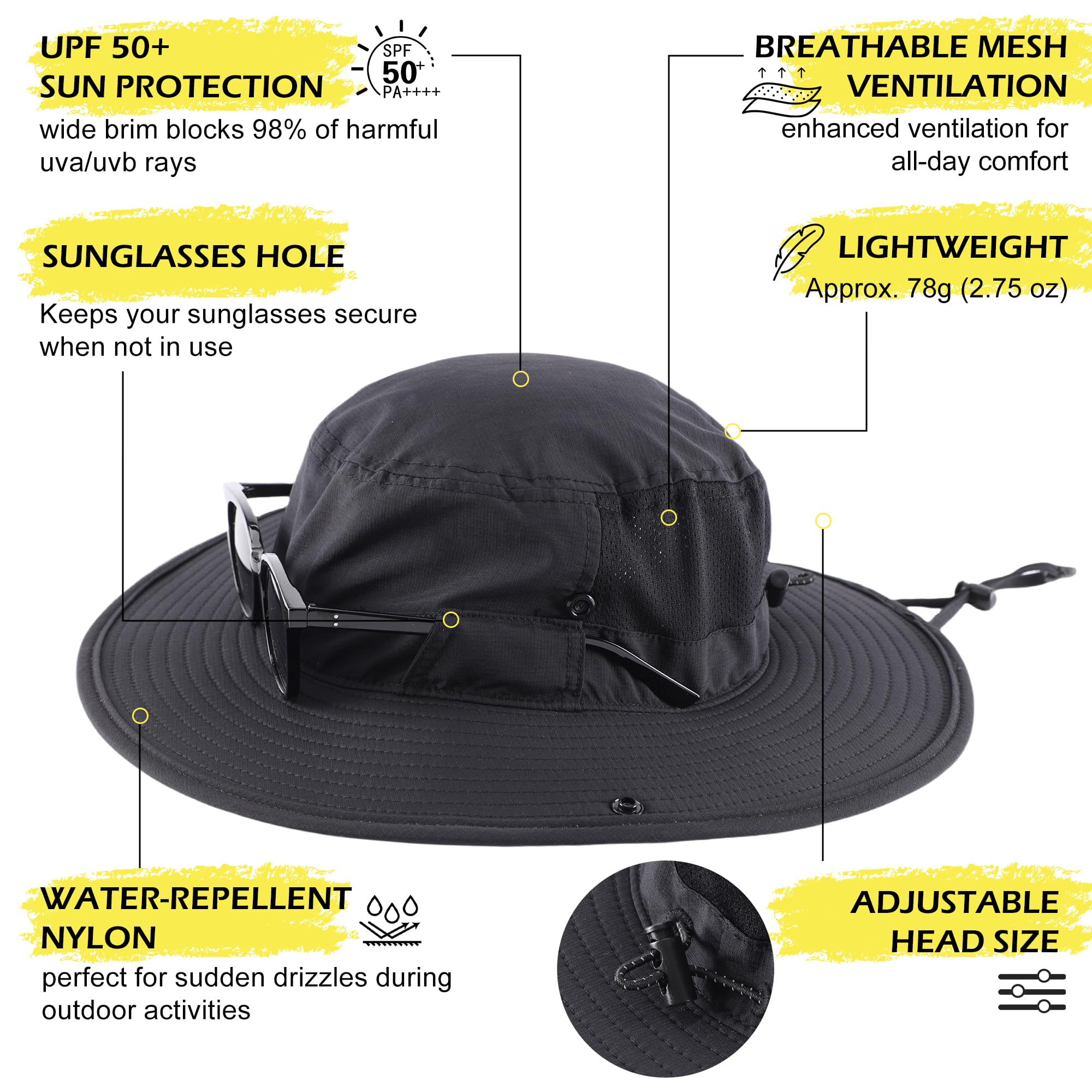 Connectyle UPF 50+ Fishing Sun Hat for Men Women Breathable Bucket Hat Adjustable Boonie Hats Summer Beach Outdoor Hat Black