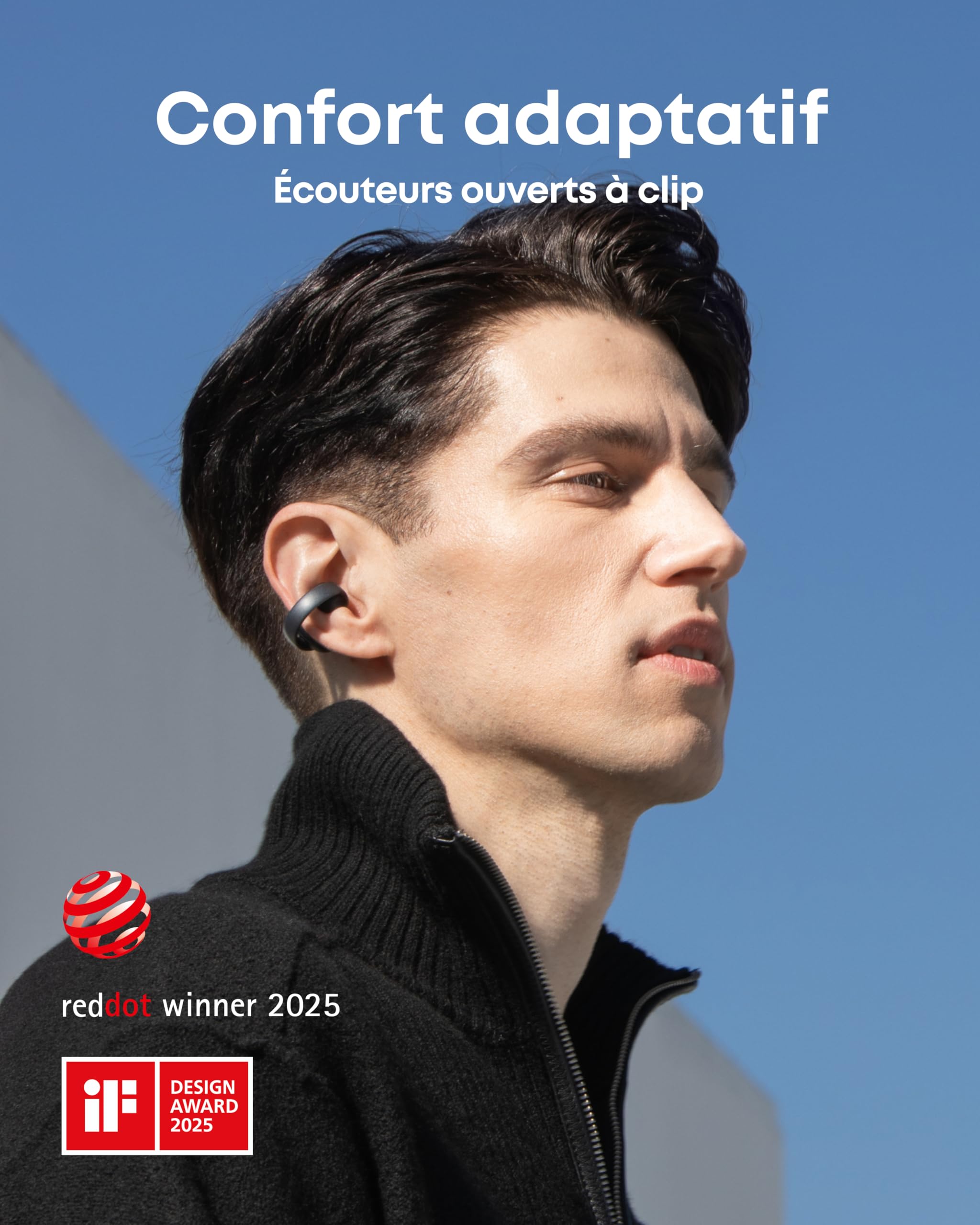 soundcore AeroClip by Anker, écouteurs Oreilles Libres à Clip, Confort adaptatif, appels clairs avec 4 micros et IA, Stables, Haut-parleurs de 12 mm, Design en Anneau Ouvert