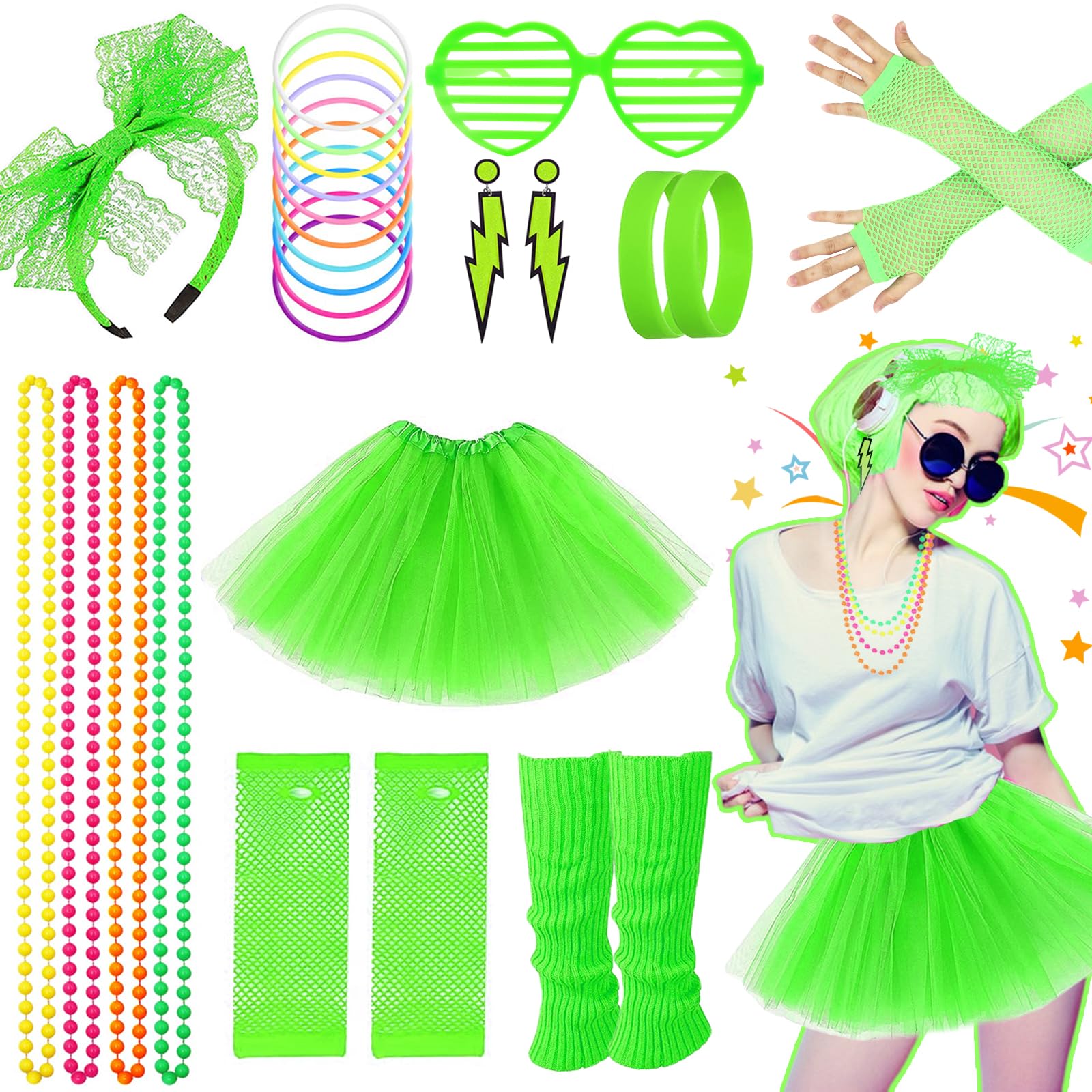 80s Fancy Dress for Women Girls, 1980s Party Green Costume Accessories Set Tutu Skirt Leg Warmers Fishnet Gloves Glasses Earrings Bracelet Necklace Headband, Retro Outfit for 80s Party, Dress up Day