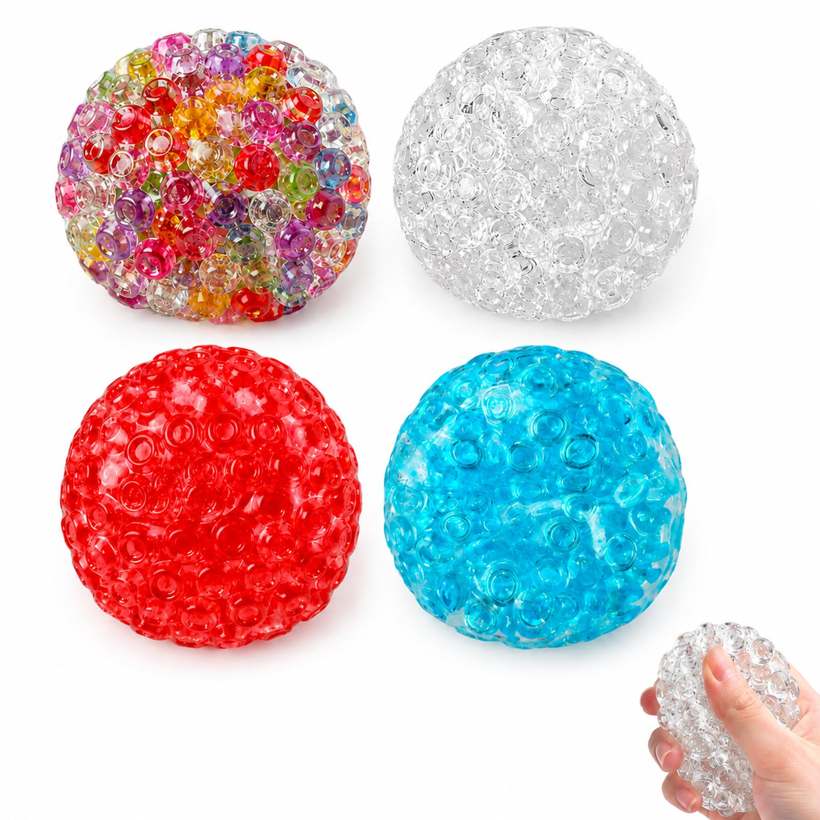 4 PCS Crunchy Squishy Ball, Office Relax, Desktop Decoration, Portable Relax Management Tool, Multicolour Designs Including Rainbow, White, Red, Blue