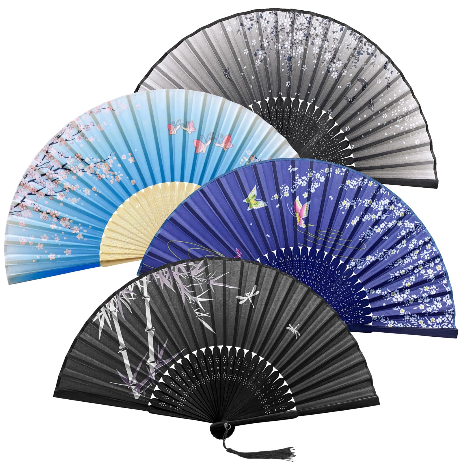 Jerhyun 4-Piece Hand Fan Folding Set, Paper Fans Handheld with Flower & Butterfly Design, for Weddings, Parties, Photos, Dancing, Wall Decor DIY Gifts(4 pieces)
