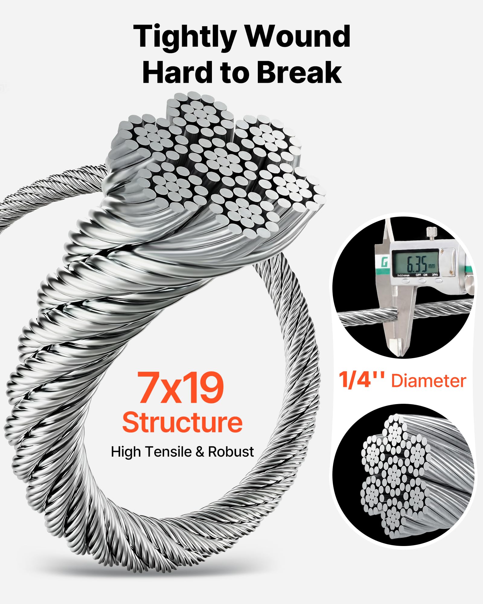 VEVOR Cable de Acero al Carbono Galvanizado 6,35 mm, Rollo de Cuerda de Alambre 76,2 m, Resistencia a la Rotura de 31,1 KN Construcción de 7x19 para Barandillas de Terraza, Enrejados de Jardín