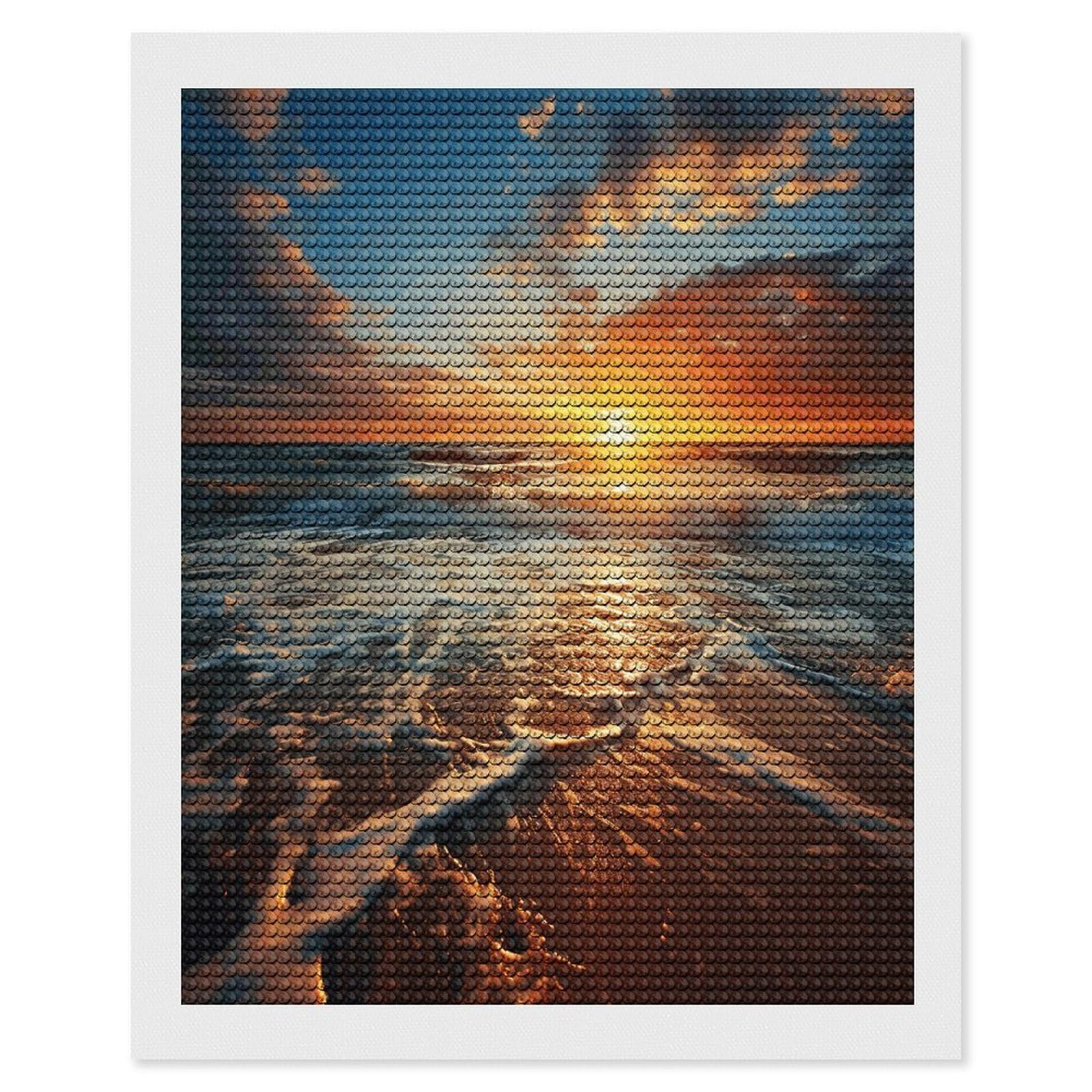 FekiLoot Ocean Sunrise Paint by Numbers Kit for Adults Beginner DIY Diamond Dots Paintings Round Full Drill Diamond Art Kits Picture Diamond Art Painting Kits for Home Decor 16"x20"