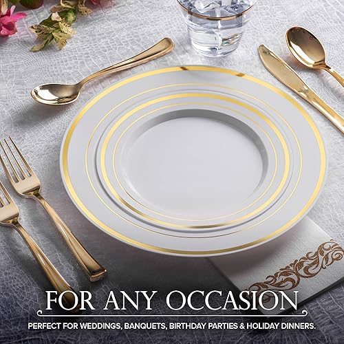 Miniatura 7 de Juego de platos desechables para cena y postre (200 piezas) de 10 + 7 pulgadas, platos de plástico blanco y dorado para fiestas, 100 invitados,