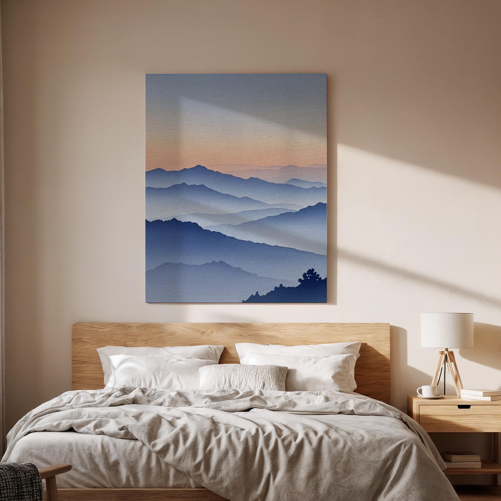 lianyibo Sztuka ścienna na płótnie z motywem górskiego zachodu słońca, mglisty nadruk krajobrazu, spokojna natura dekoracja do sypialni, salonu (70 x 100 cm/rama wewnętrzna)