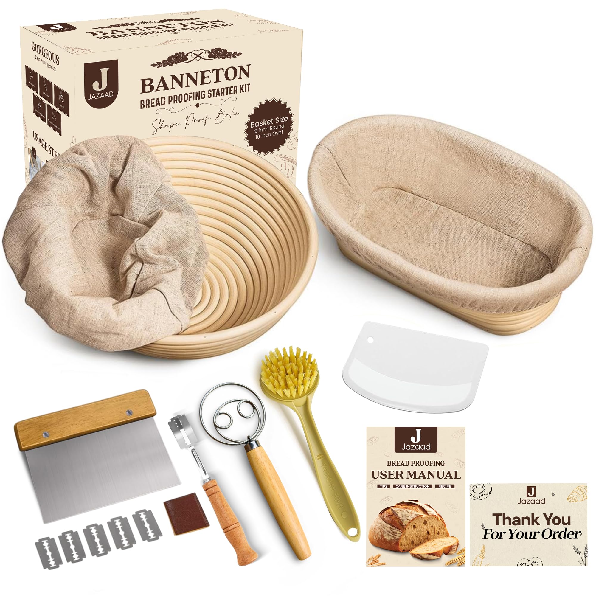 Jazaad 2 Pack Bread Proofing Basket Set 10 Inch Oval and 9 Inch Round-sourdough starter kit-banneton proofing basket-with Bread Lame and Dough Scraper-Tools for Professional and Home Bakers