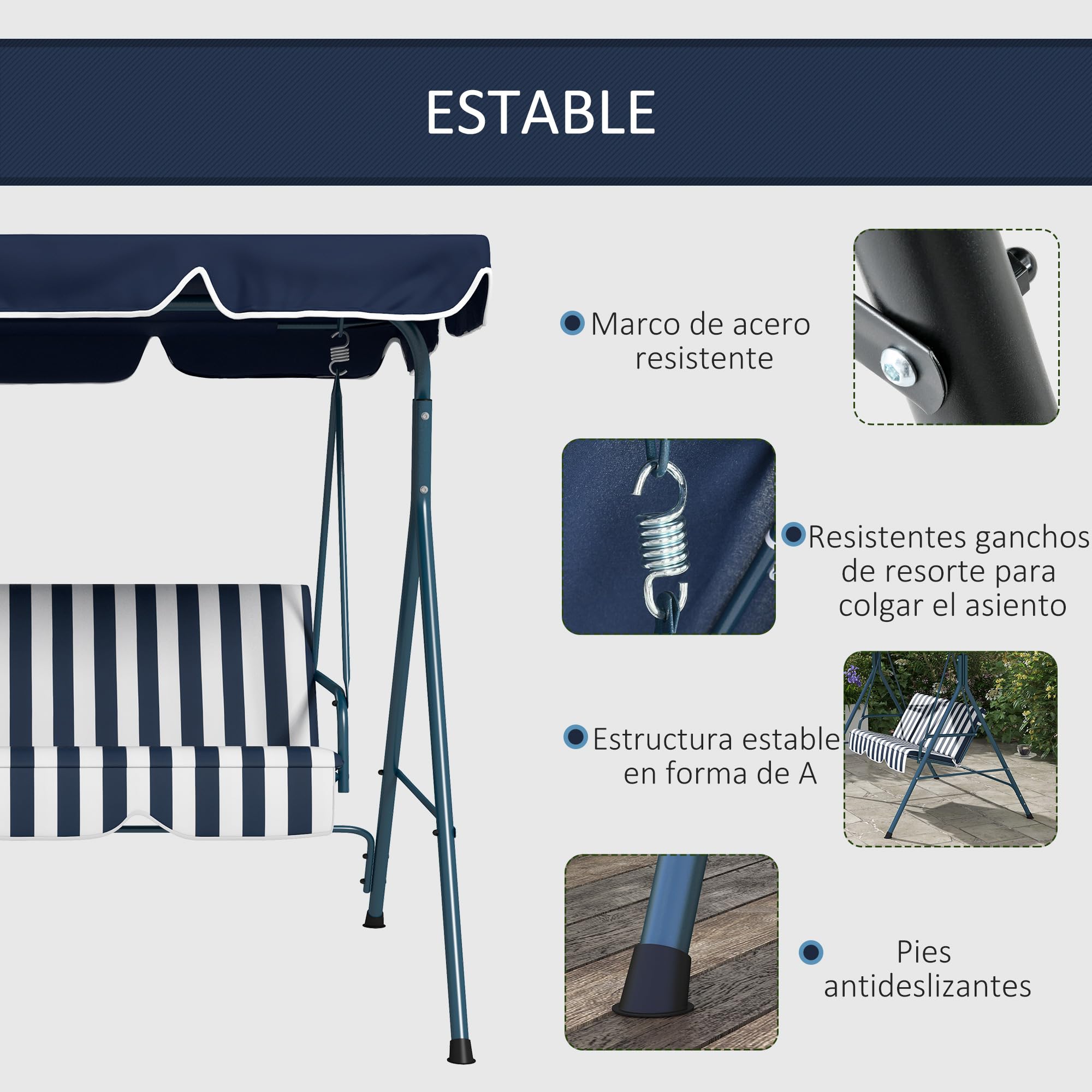 Outsunny Columpio de Jardín Exterior de 3 Plazas, Balancín de Jardín Exterior con Techo Ajustable y Marco de Acero, para Balcón, Terraza, Patio, Carga 240 kg, 172x110x153 cm, Raya Azul