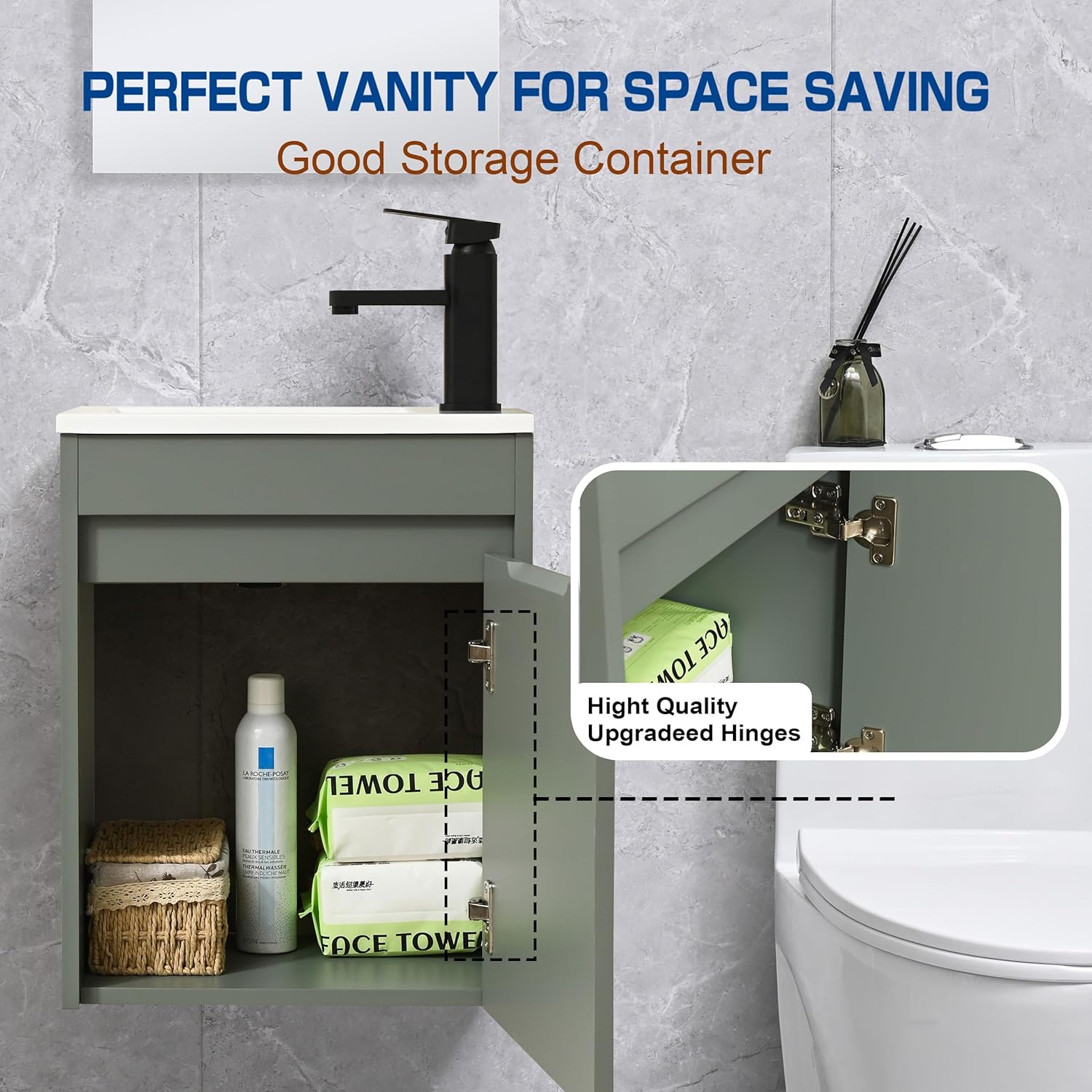 16" Bathroom Vanity Sink Combo for Small Space, Wall Mounted Bathroom Cabinet Set with White Resin Basin Sink Top Black Faucet Pop Up Drain Green