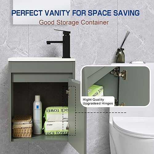Vista 39 de Combo de lavabo de baño de 16 pulgadas para espacio pequeño, juego de gabinete de baño montado en la pared con lavabo de resina blanca, grifo negro