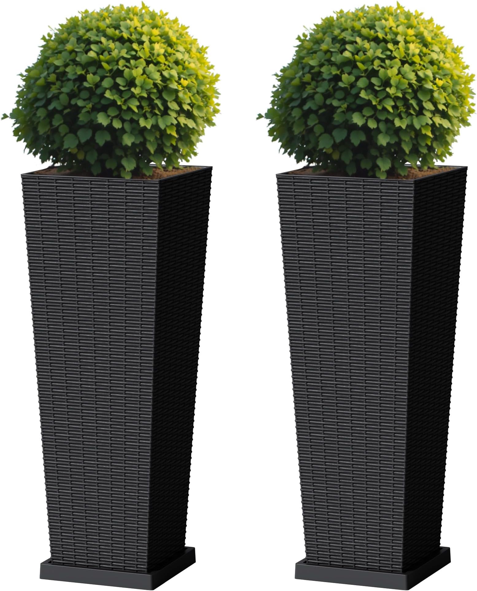 Flamaker Set of 2 Resin Rattan Planters with Tray for Indoor Outdoor, 32'' Tall Flower Pots with Drainage Holes&Inner Pot, Tapered Planters for Garden, Patio, Porch (Black, Large)