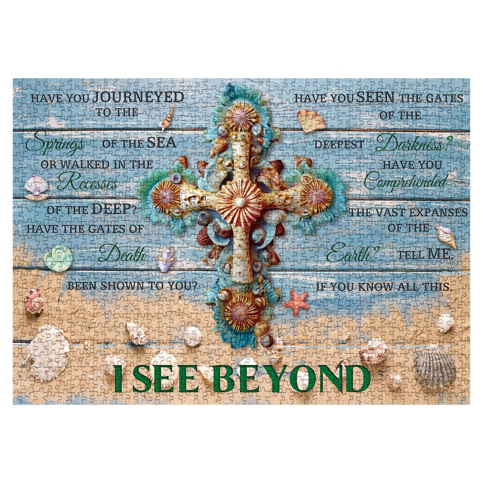 Beach Christian Puzzles for Adults 1000 Piece, Seashell Cross Religious Bible Verse Jigsaw Puzzle, Catholic Inspirational Spiritual Calm Scripture Puzzle