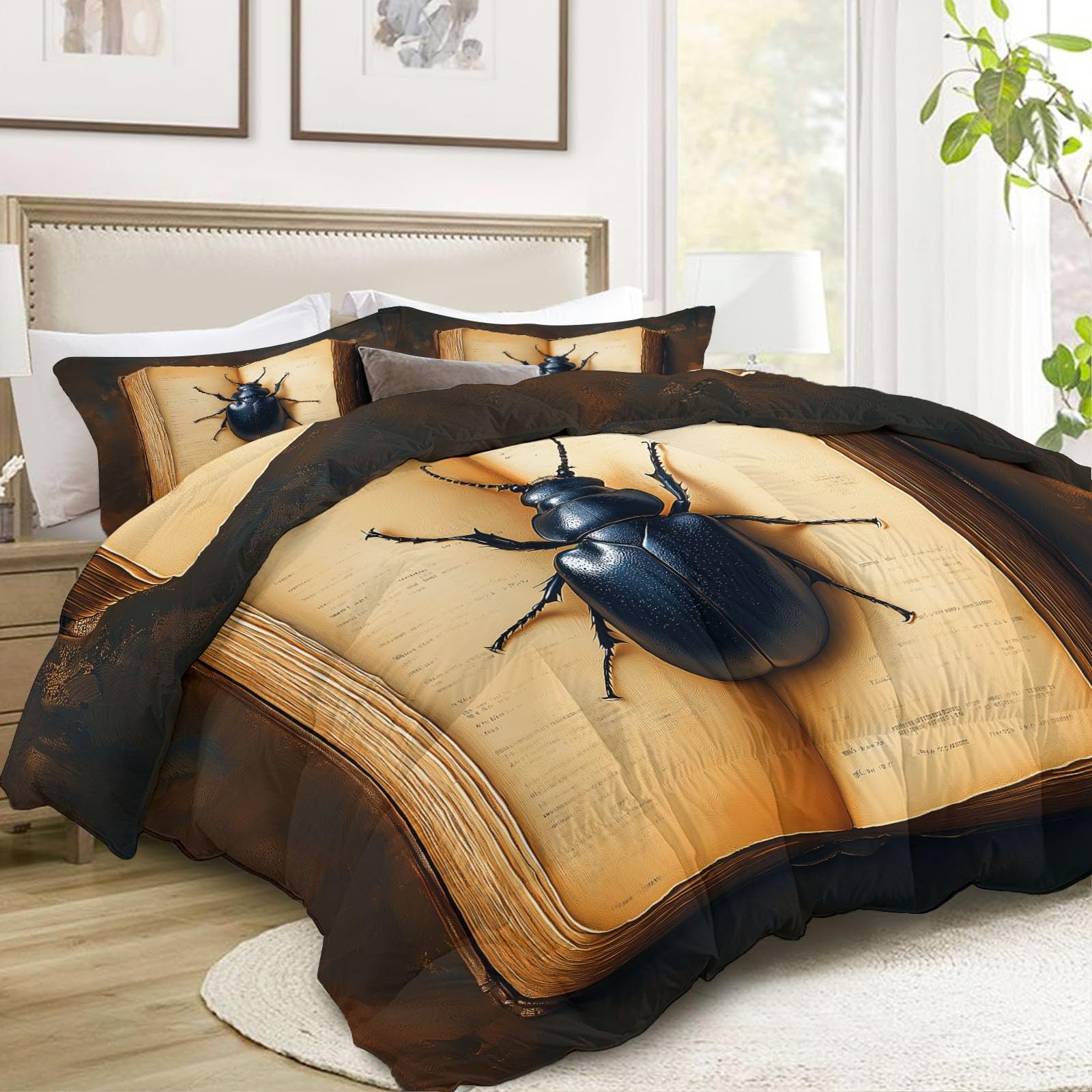 Żółta dwustronna kołdra, podwójna, 200 x 200 cm, postarzana kołdra w stylu vintage, książki, insekt, miękka, oddychająca pościel dla dzieci i nastolatków, nadaje się do prania, lekka, hipoalergiczna
