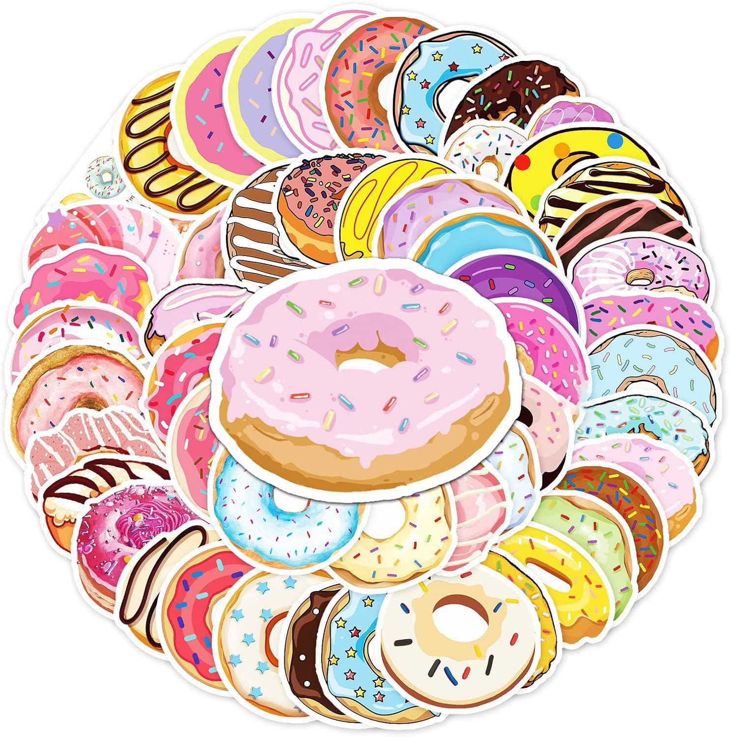 50Pcs Cute Donut Stickers,Waterproof Vinyl Kawaii Dessert Sprinkle Stickers for Journaling,Laptop,Water Bottle,Planner, Scrapbook,Phone Case,Luggage,Skateboard,DIY Decor for Kids, Sweet Lovers