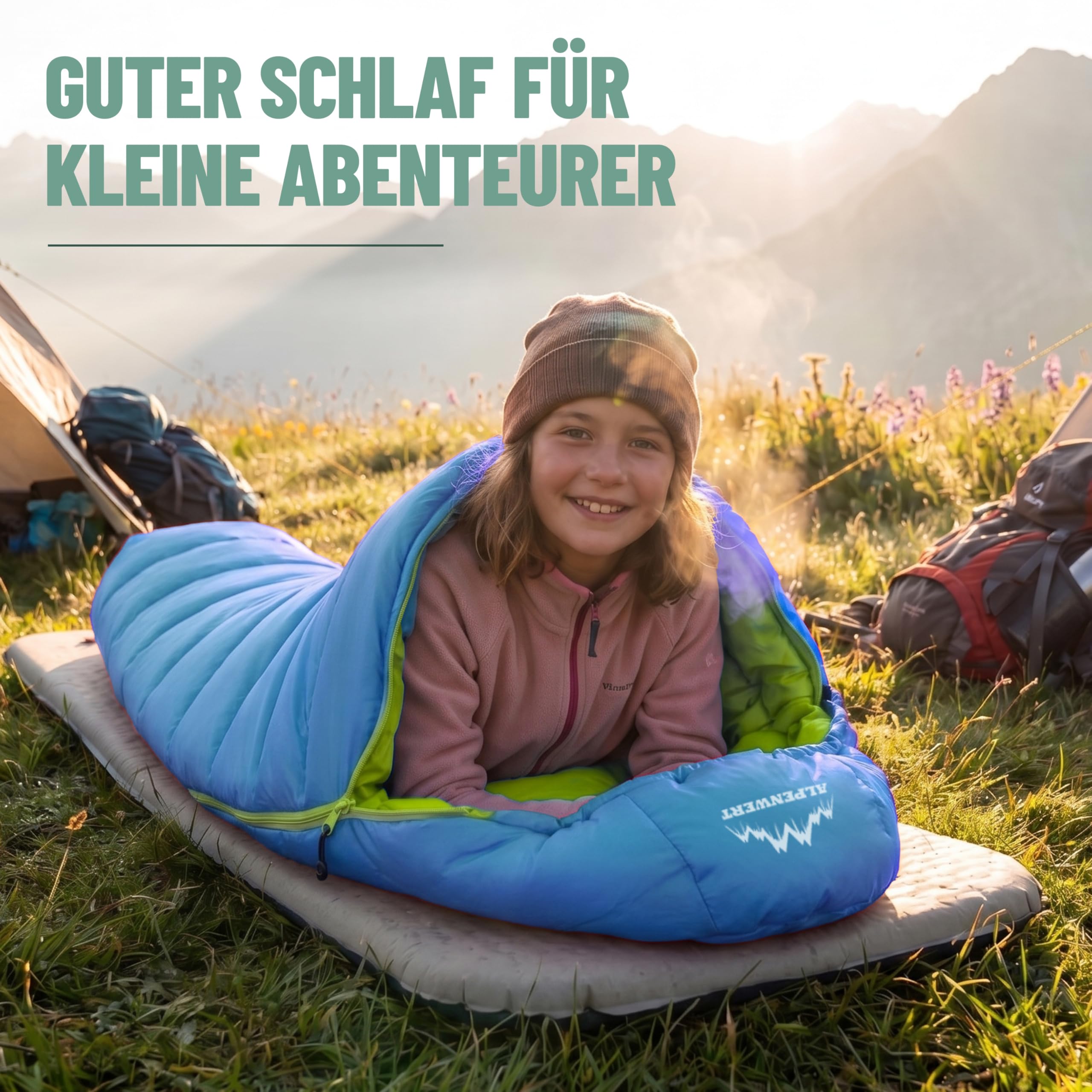 ALPENWERT® Kinderschlafsack Sommer – wächst mit! [130–170 cm] – Nur 920g, Kompakt [32×19 cm] – Perfekt für Camping, Festival, Outdoor – Mumienschlafsack ab 6 Jahren