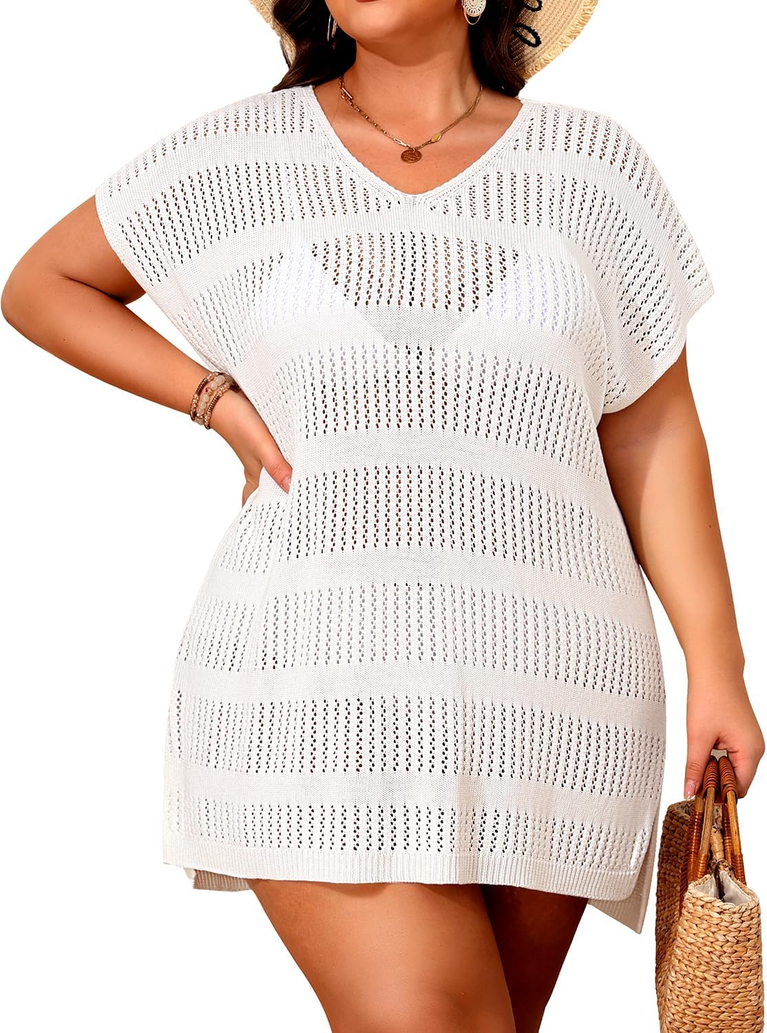 Pinup FashionPlus Size Swimsuit Cover Ups Women Crochet Short Sleeve Split Cover Up