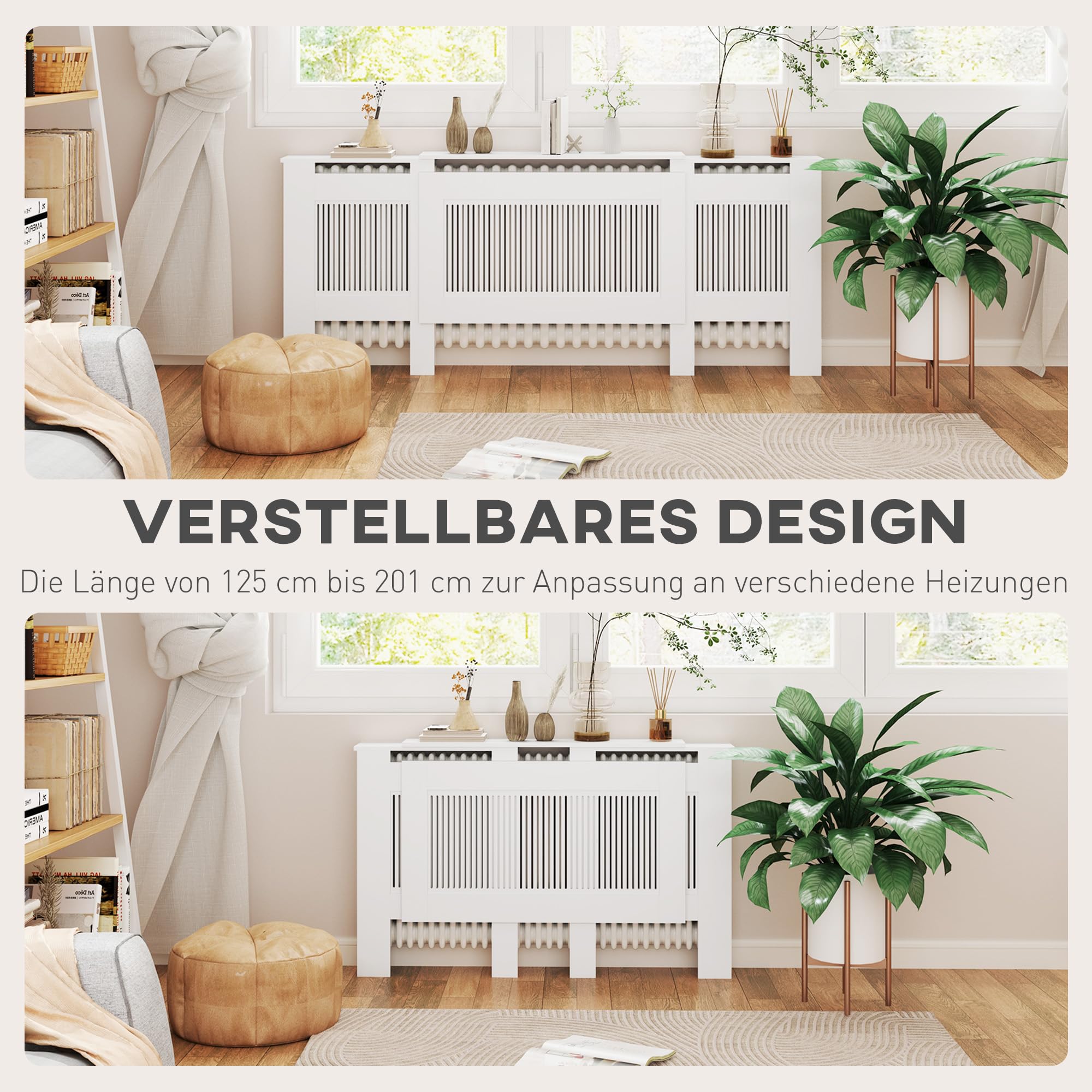 HOMCOM ausziehbare Heizkörperverkleidung mit Ablage, Lamellen, 125-201 x 19 x 81,5 cm Weiß