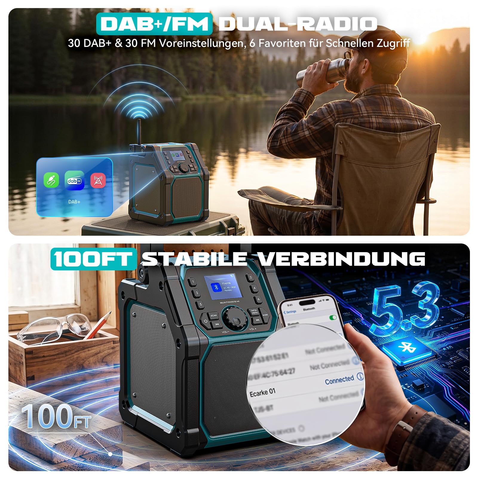 Ecarke Radio Portable Rechargeable Compatibilité avec Batteries Makita 18V