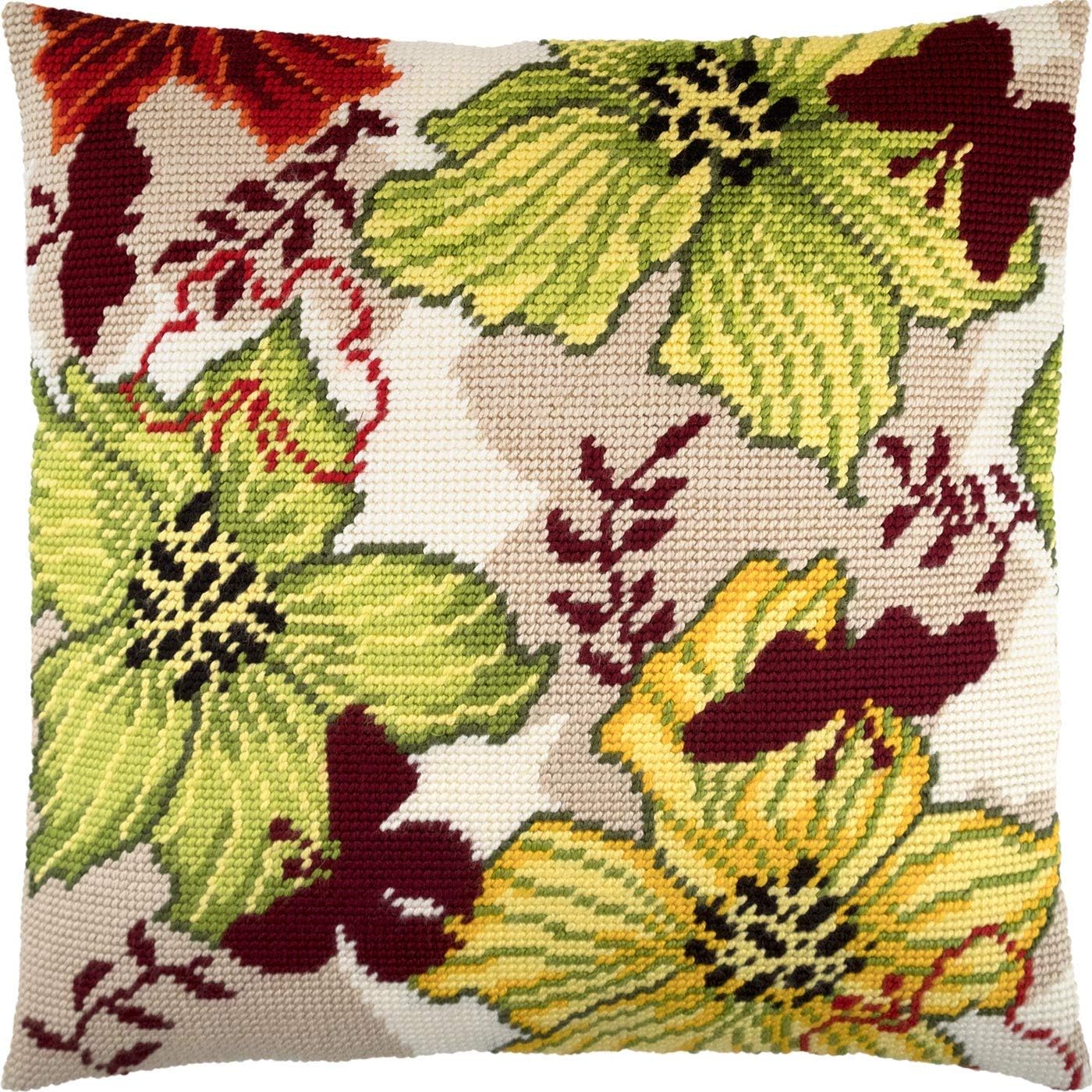 Brvsk Floral Stamped Cross-Stitch Kit for Adults and Beginners — Catalonia 16″ × 16″ with Clear, Precise Printed Design on Cotton Canvas; Includes 2 Needles, Yarn, and Easy-Read Chart
