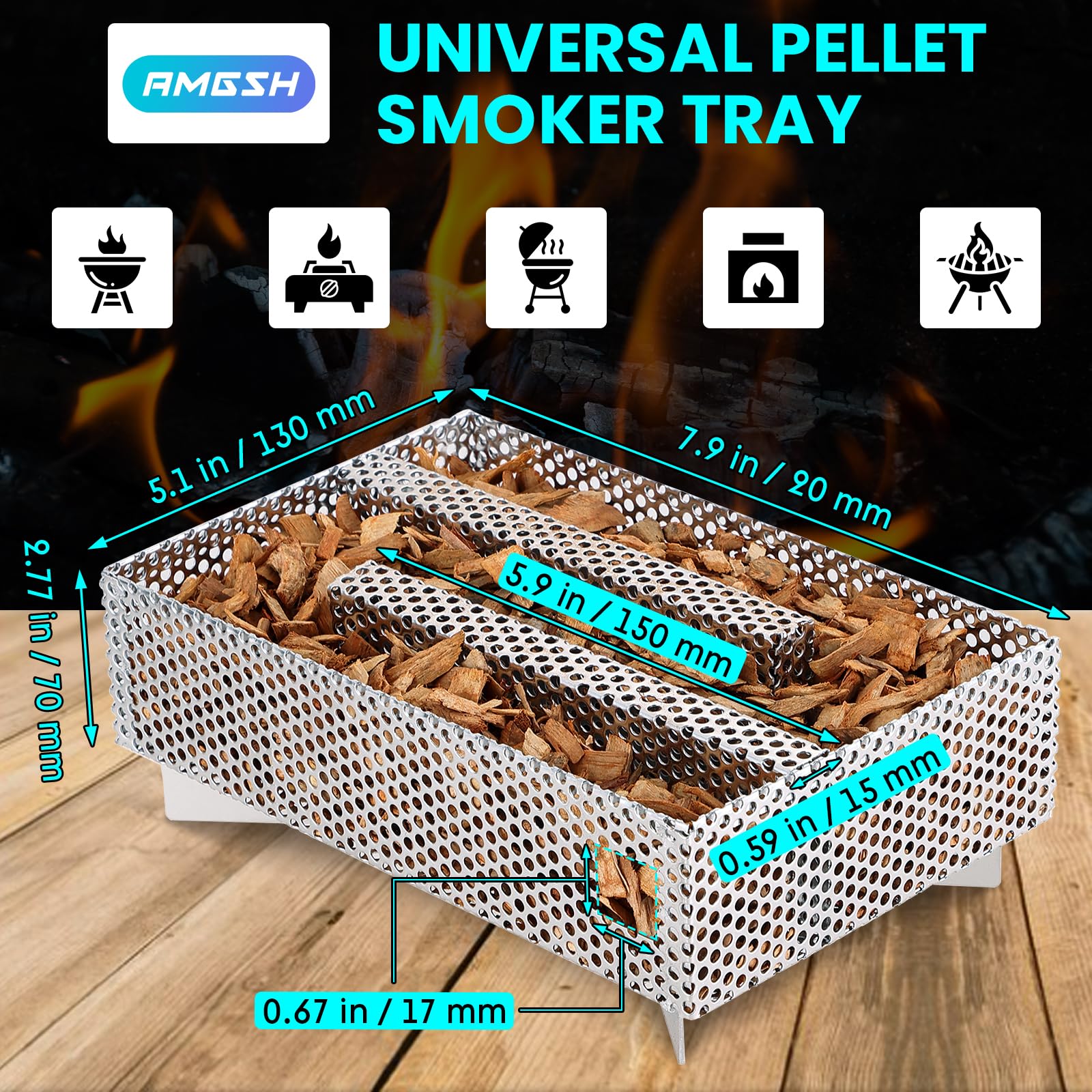 Bandeja de ahumador de pellets de 12 horas, 5 x 8 pulgadas, como tubo de humo para ahumar pellets, para ahumar carne caliente y fría, pescado, queso y cerdo, compatible con cualquier parrilla o 2