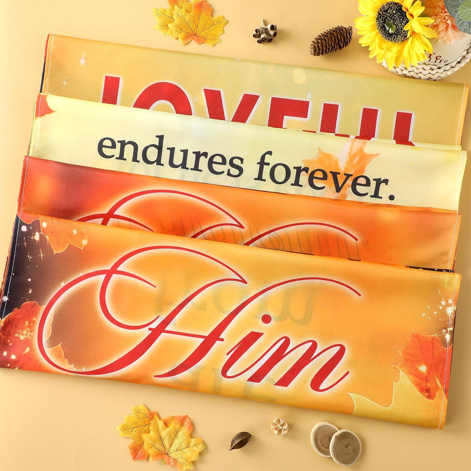 4Pcs Church Banners for Sanctuary Wall Welcome Inspirational Religious Hanging Backdrop Thanksgiving Fall Maple Leaves Pumpkins Church Banner Scripture Bible Verse Banner for Holiday School Decor